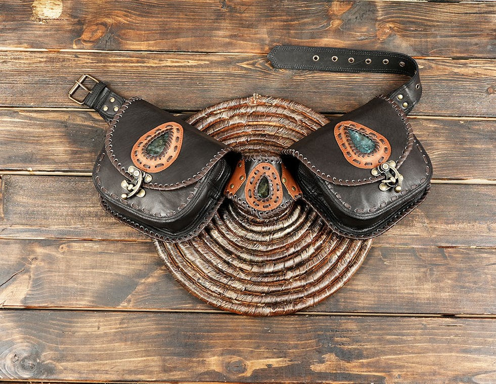 Handcrafted leather double pocket waist belt with gemstone detailing.
