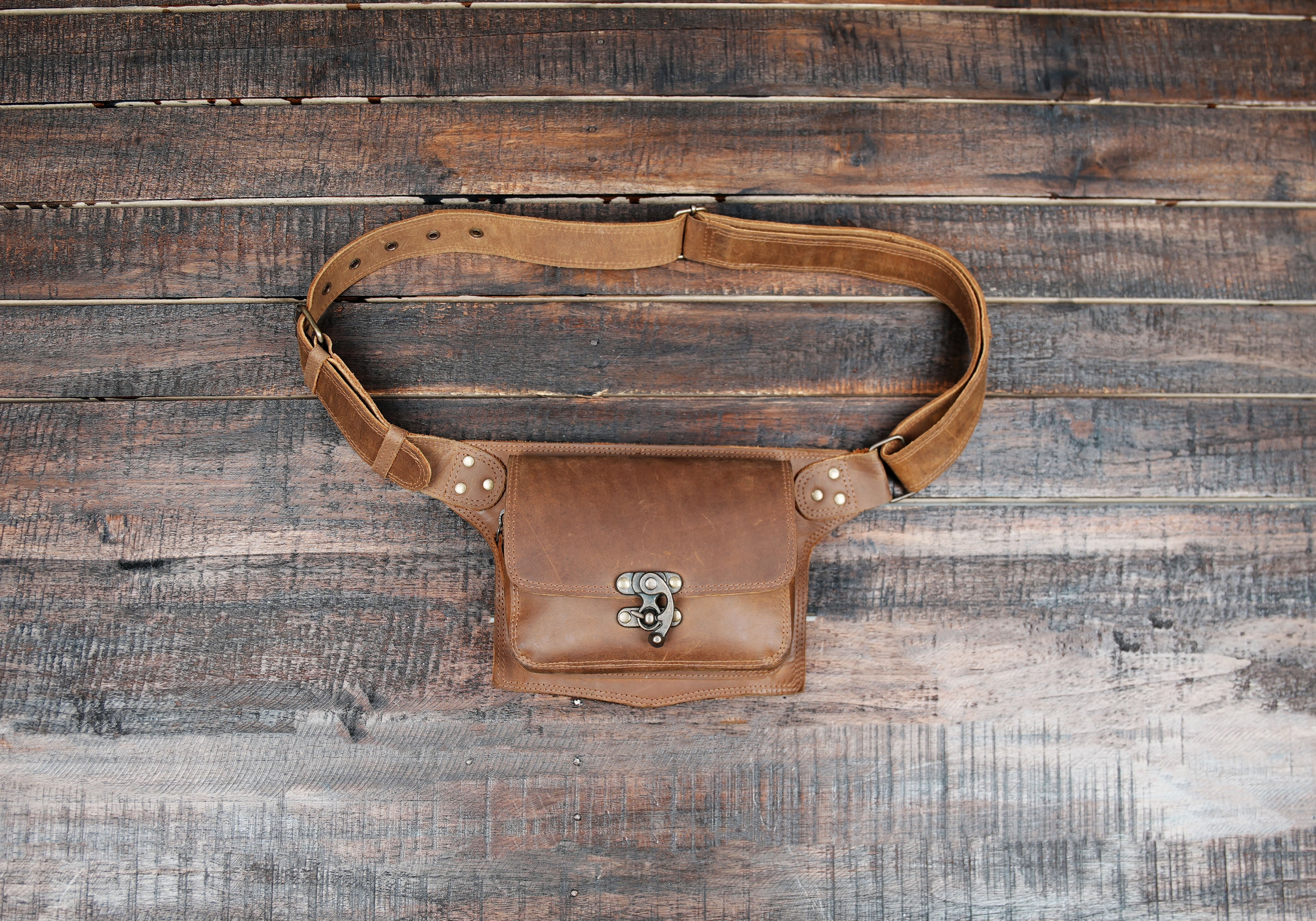 Brown Leather Waist Belt Bag – Handmade Festival Utility Pouch