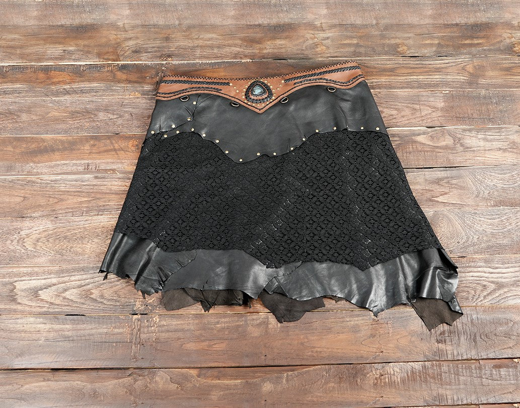 Black leather skirt with lace overlay and western decorative waistband