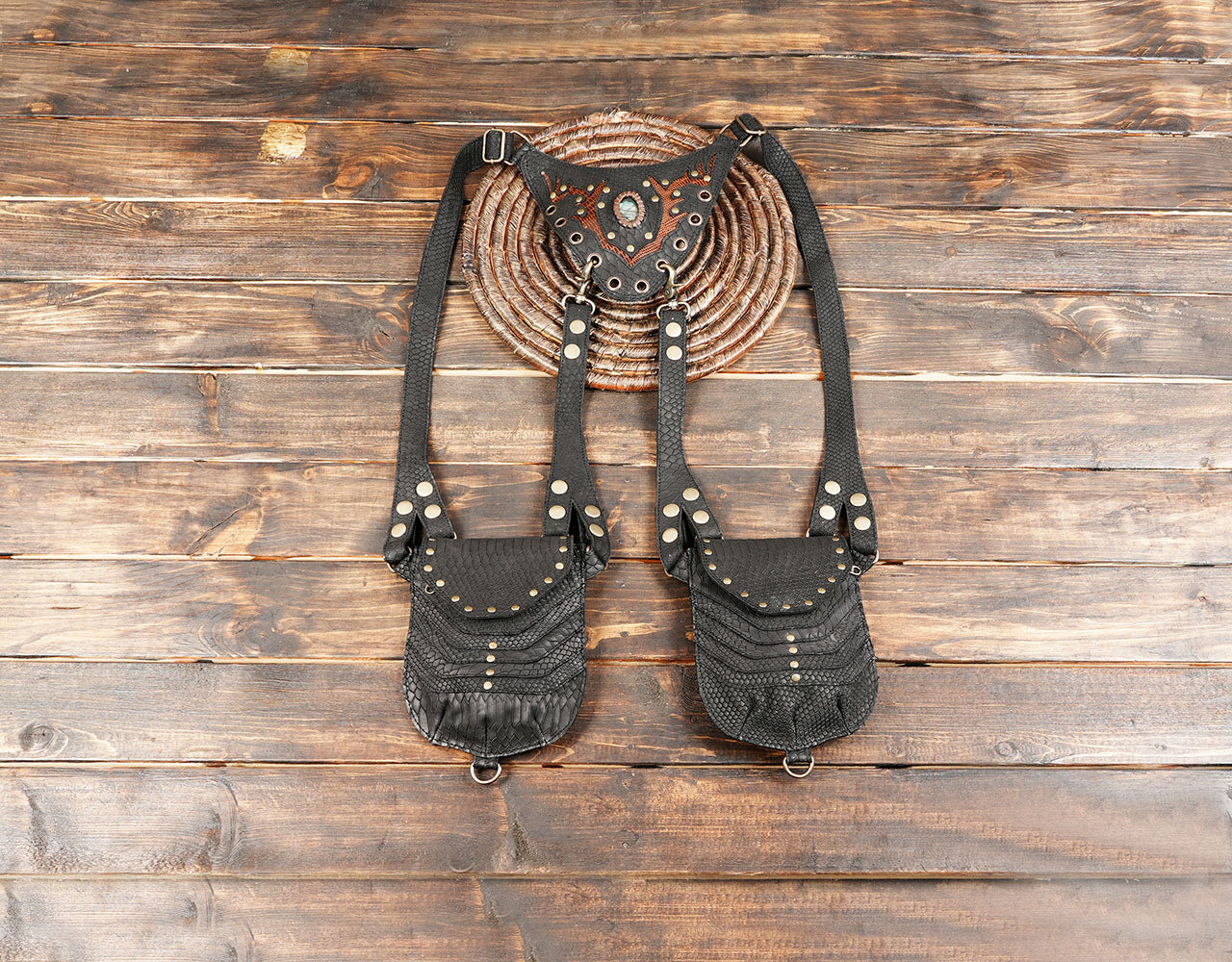 Handcrafted Leather Utility Holster , Unisex Travel Bag with Stone Accent, Black Leather Shoulder Holster burning man, for unisex.