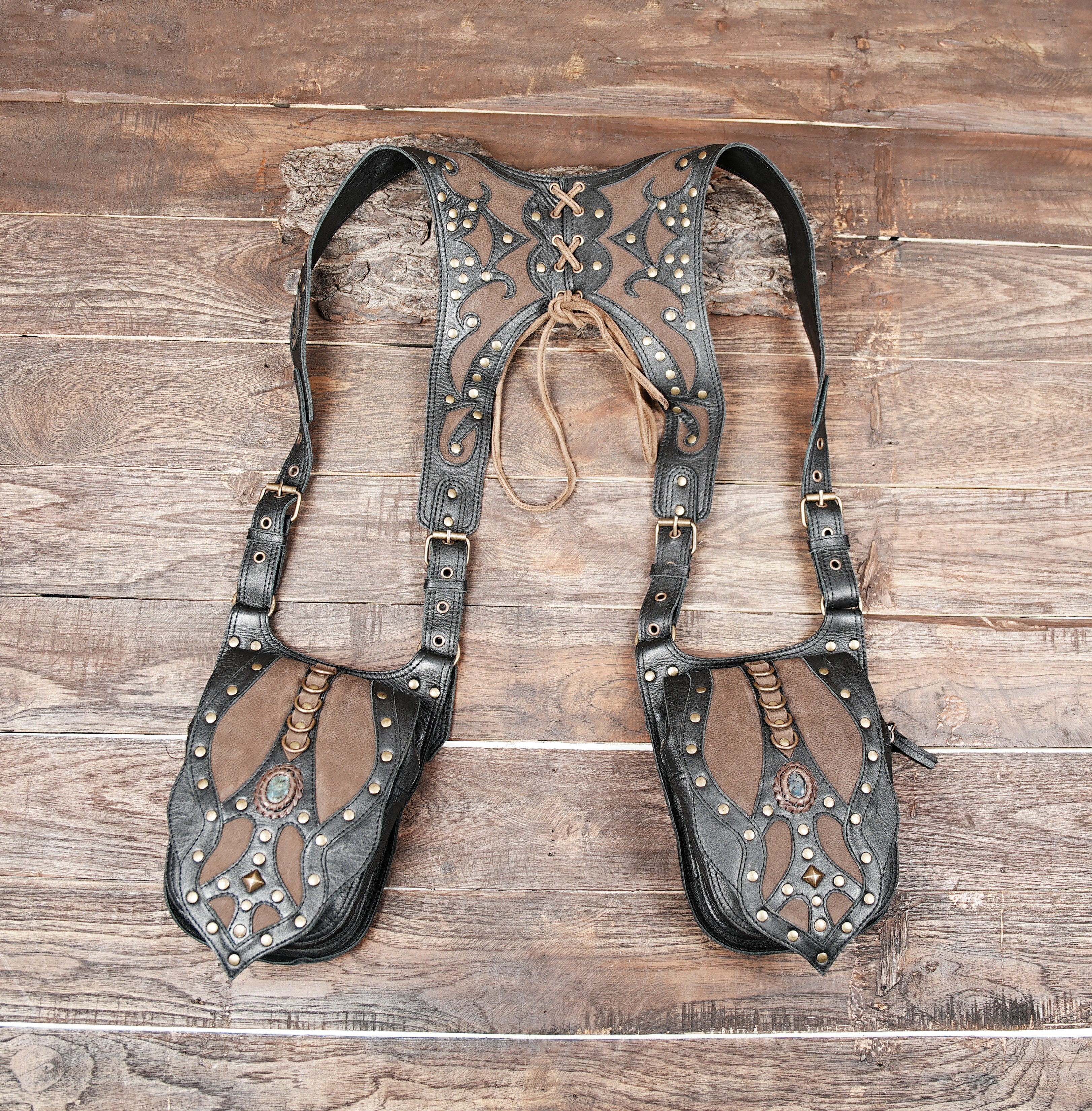 black and brown leather harness holster bag with twin pouches and gemstone accent