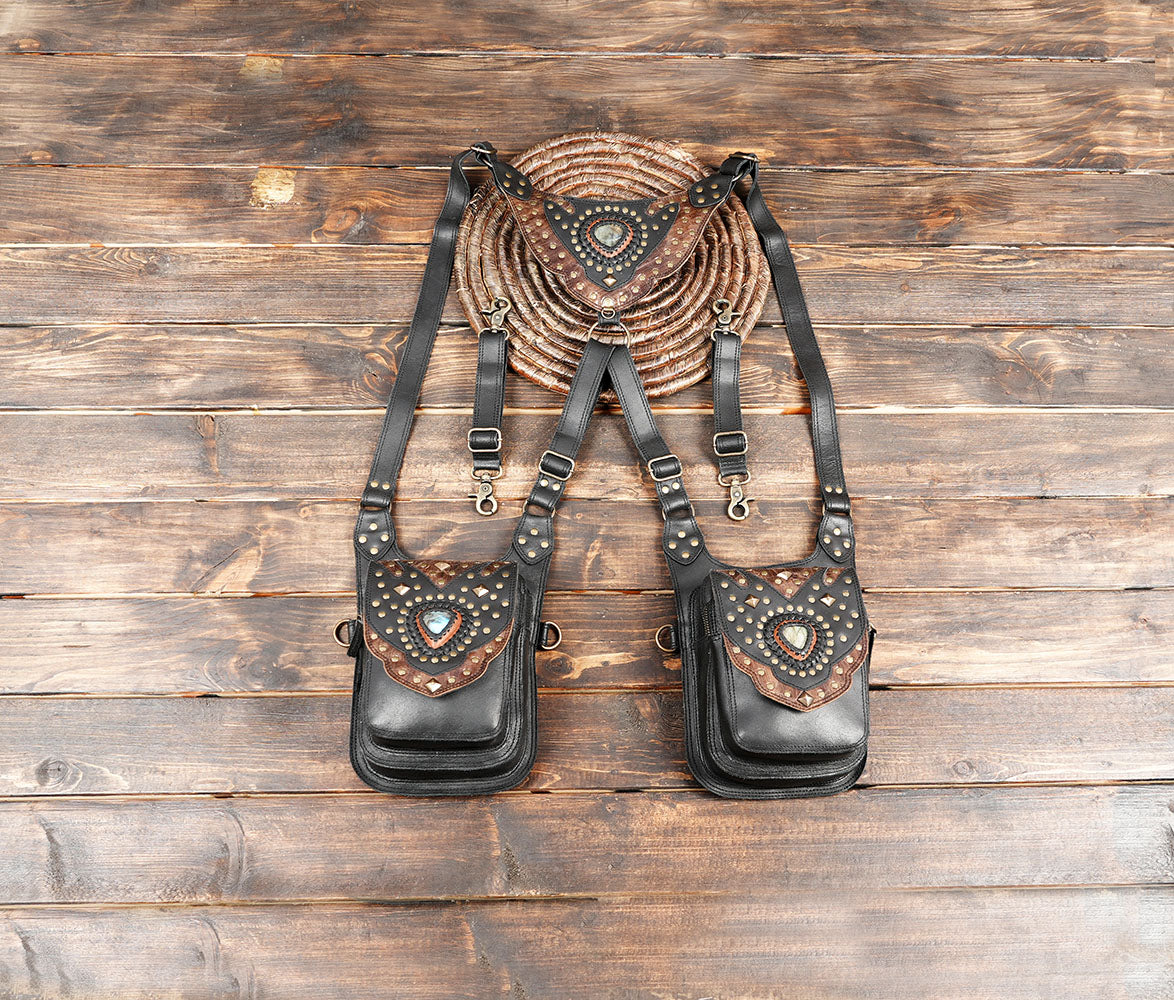 Handmade Leather Holster with Dual Pouches – Festival & Utility Belt Bag