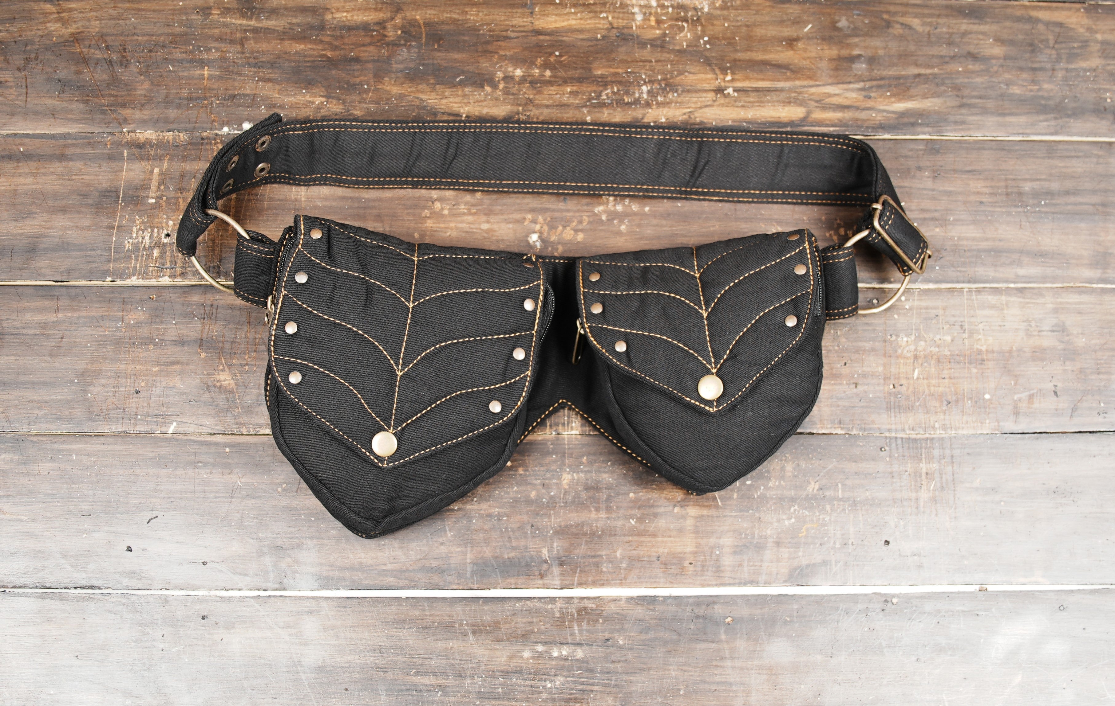 Steampunk-style black belt bag with brass snaps and contrast stitching