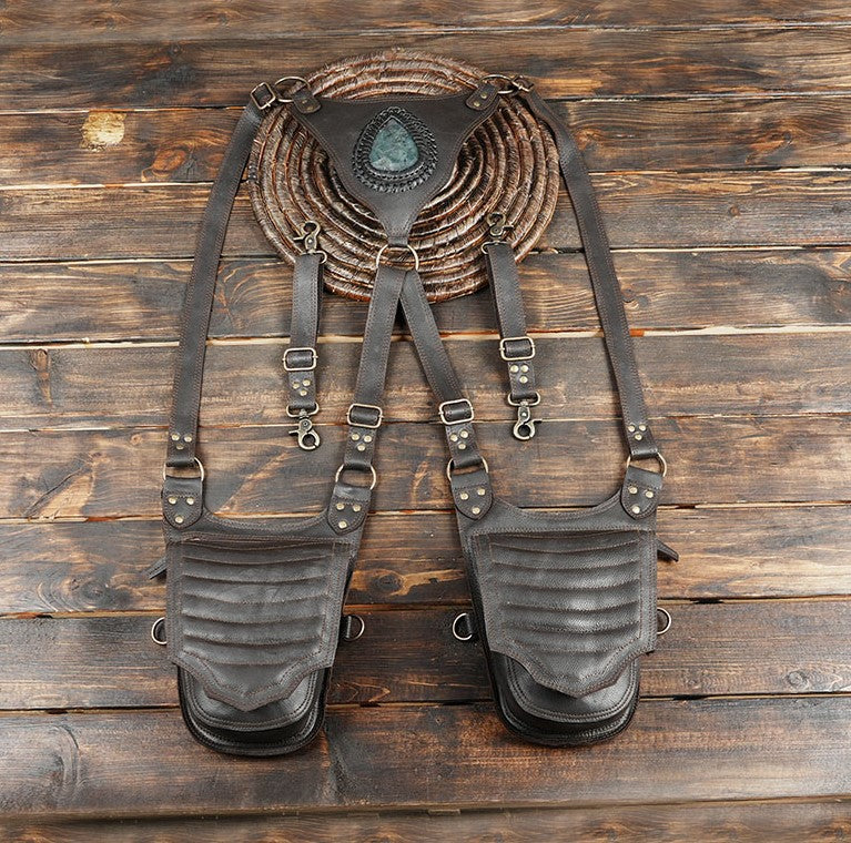 Handmade brown leather holster bag with gemstone centerpiece
