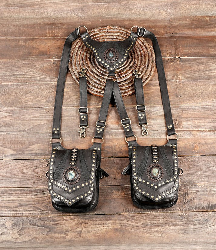 Handmade black leather shoulder holster bag with gemstone inlay