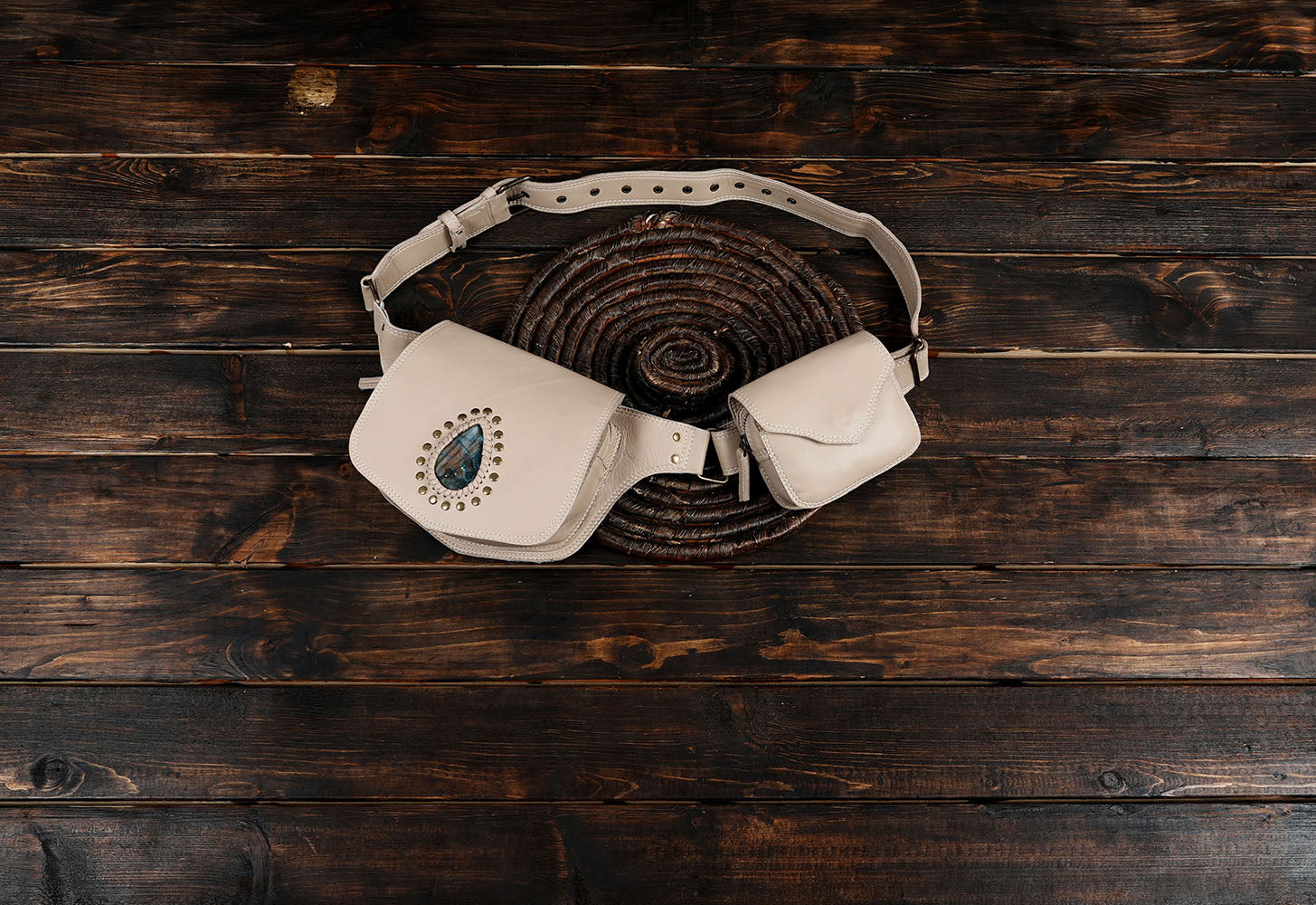 Festival-ready black leather utility belt bag with gemstone