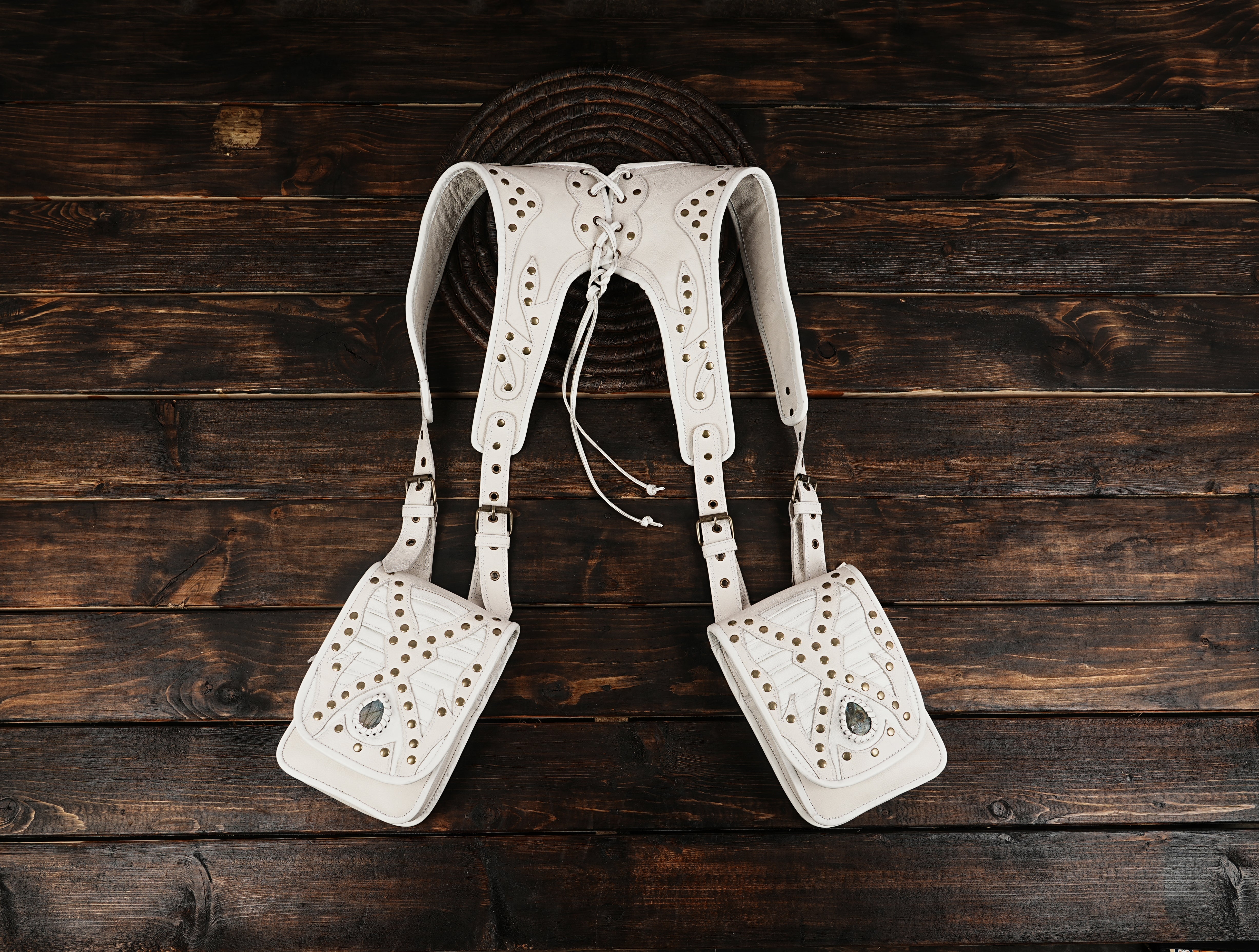 Handmade Leather Holster Belt with Dual Utility Pouches, Steampunk Festival Leather Harness Belt with Gemstone Design, Burning Man Holster with white 