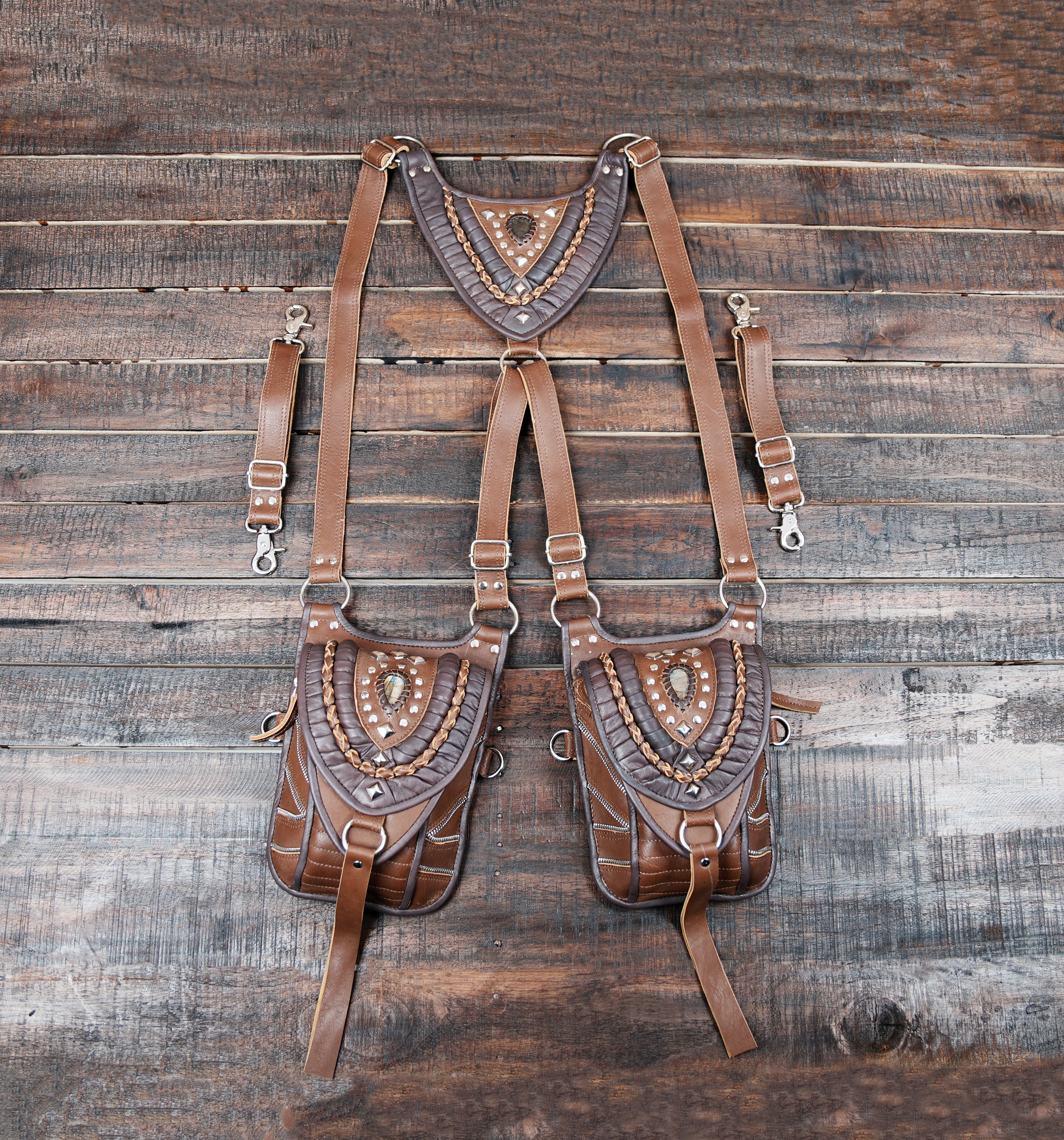 Brown Leather Holster Belt Harness – Double Pouch Festival Utility Bag with Gemstones