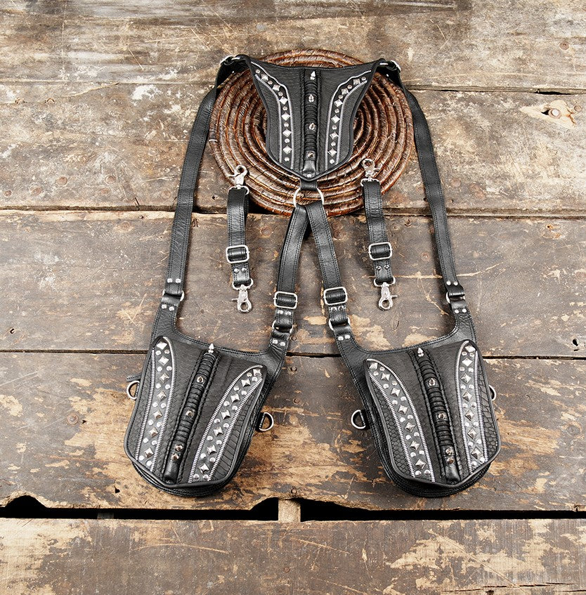 Handmade black harness utility bag with adjustable straps