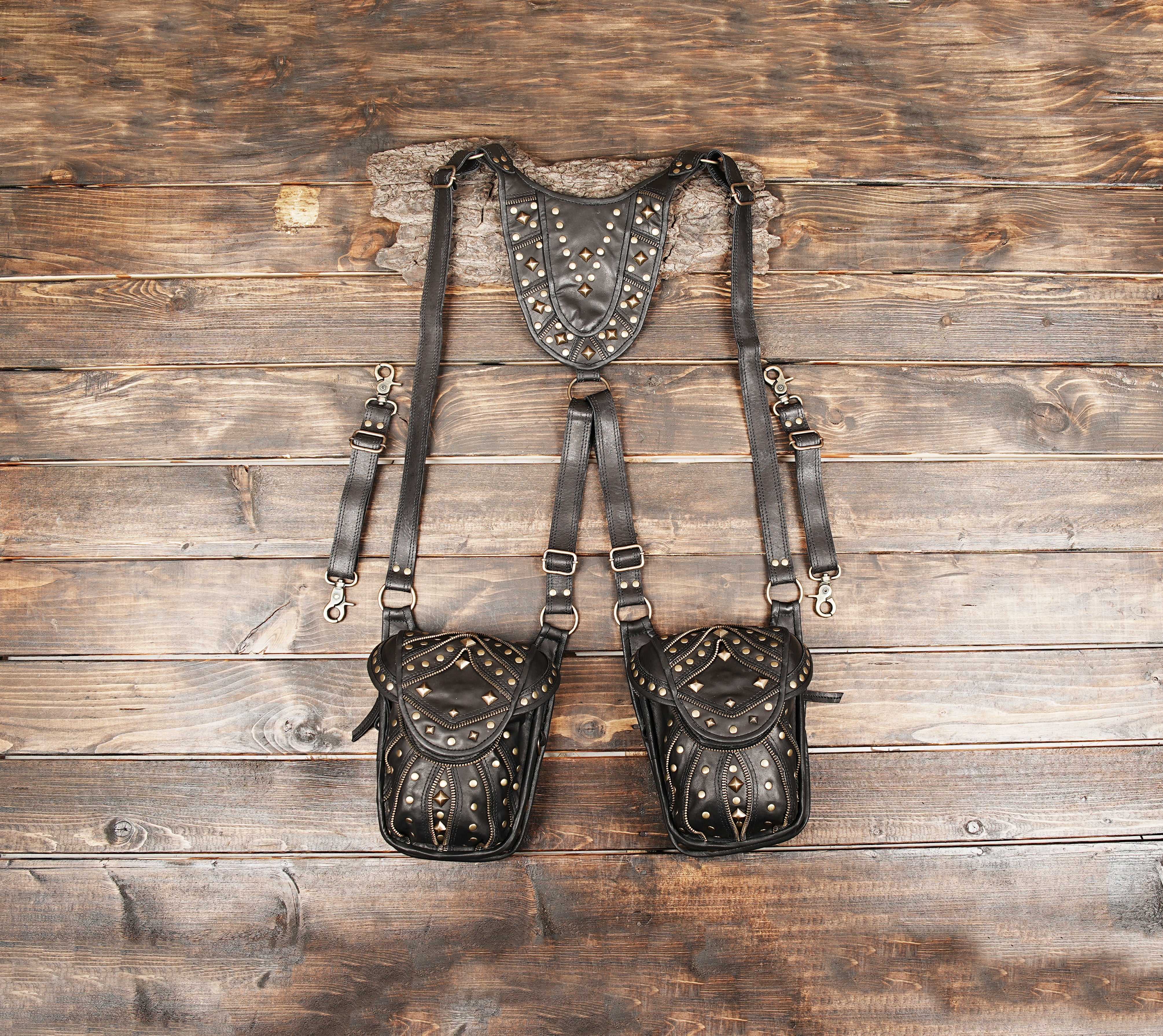 Handmade leather shoulder holster bag with brass studs and zippers