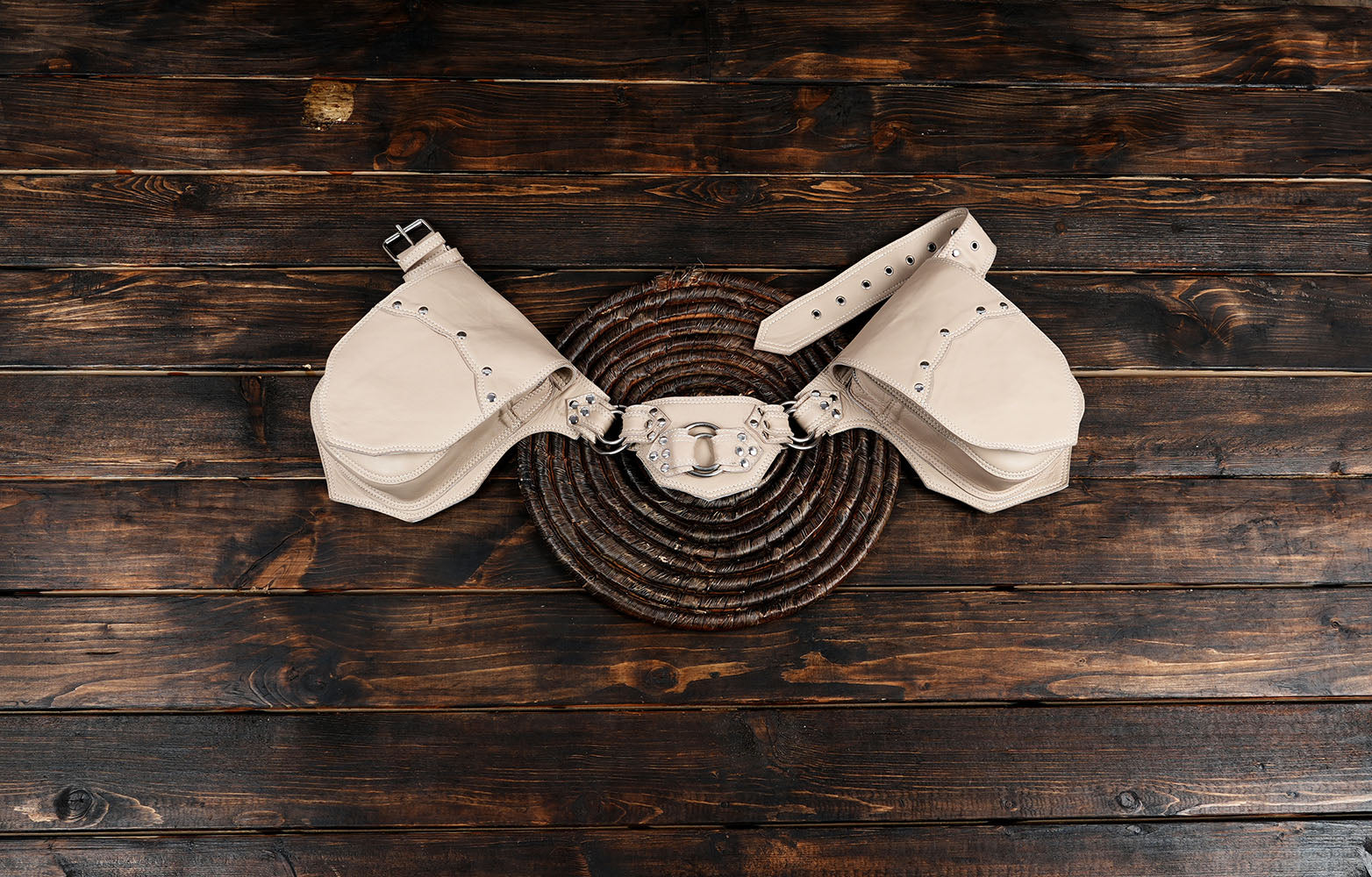 Artisan cream leather hip bag belt with durable stitching and rivet design