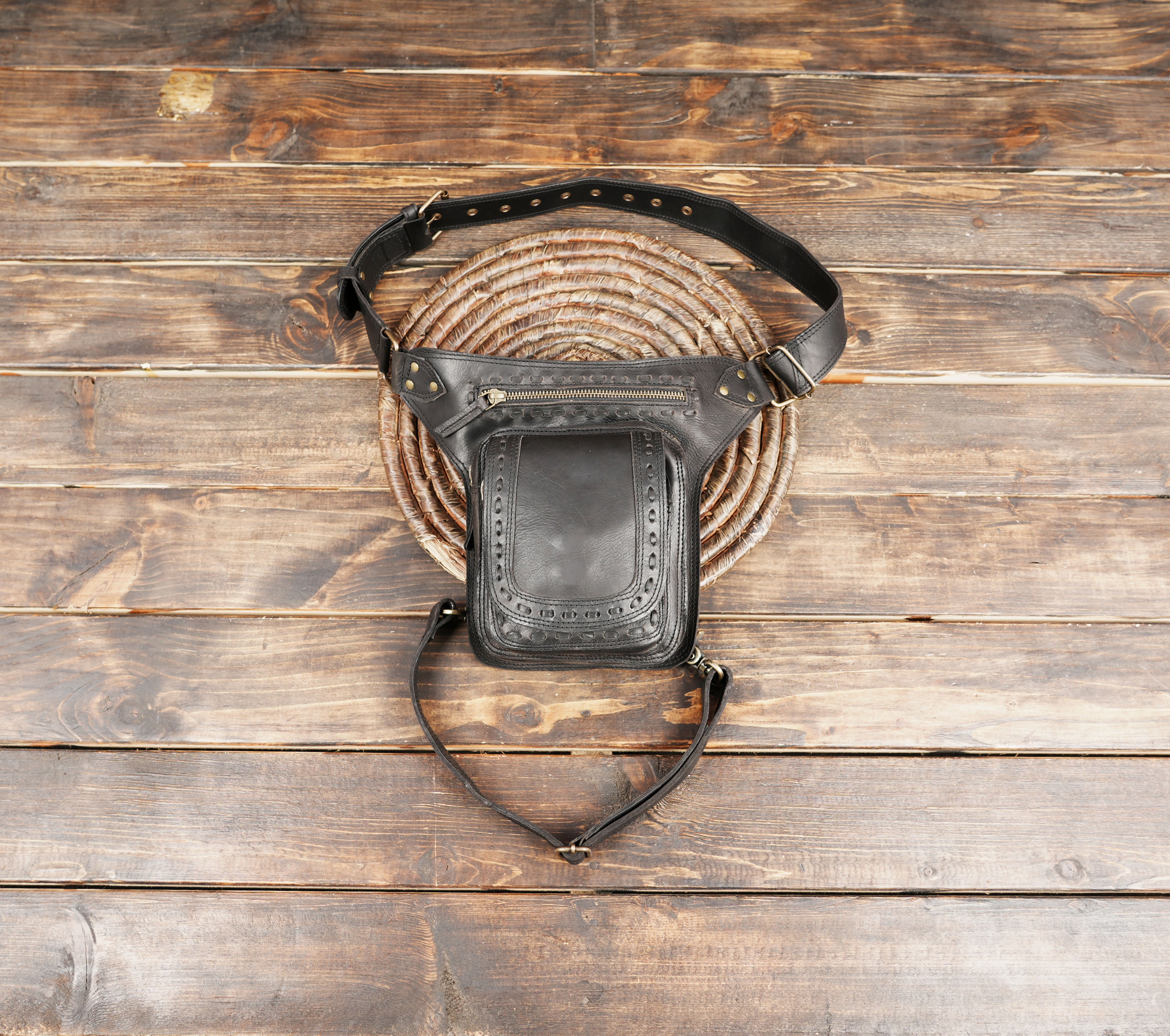 Handmade black leather waist and thigh belt with zip pouch