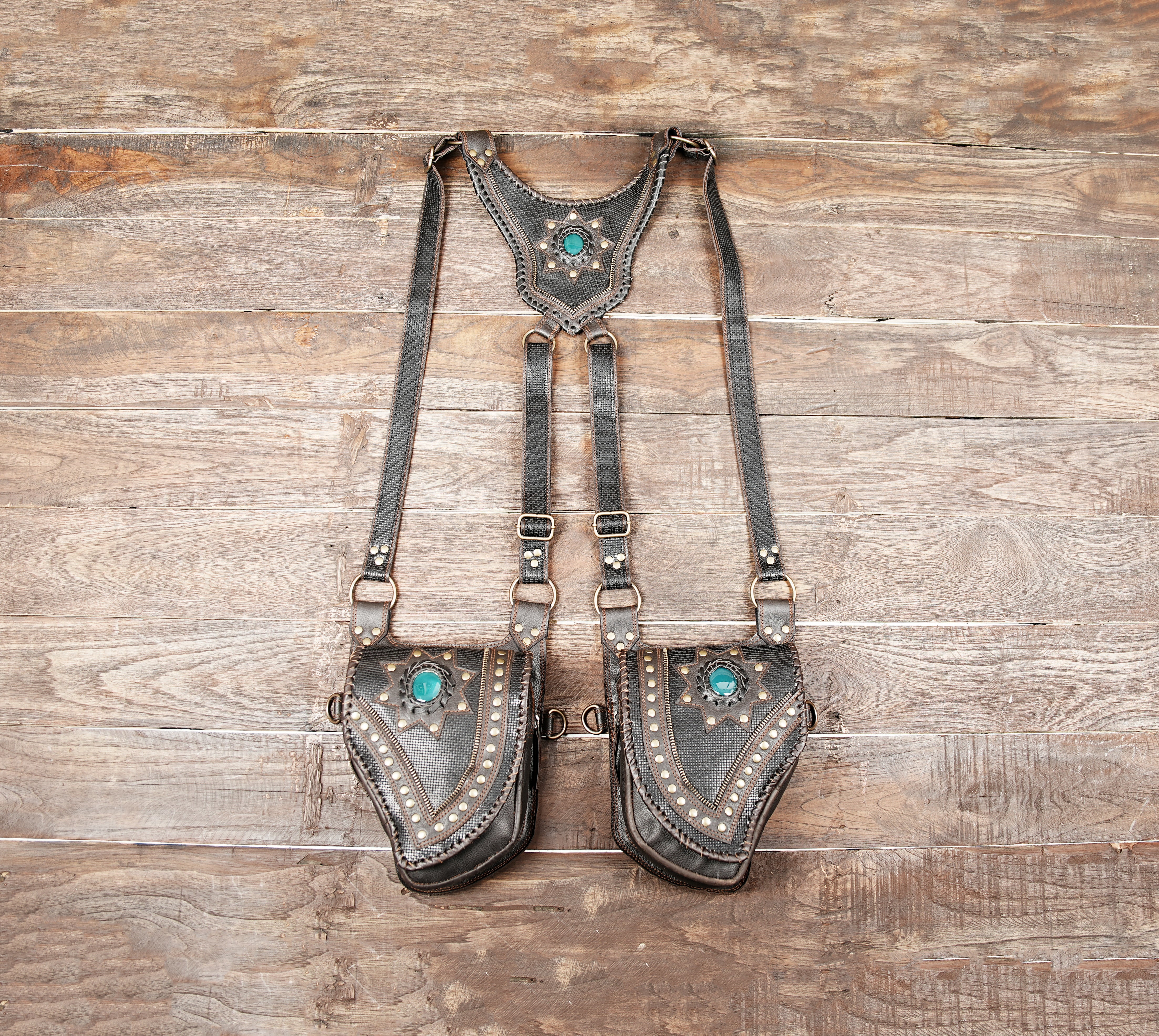 Handmade steampunk leather shoulder holster with dual gemstone pouches