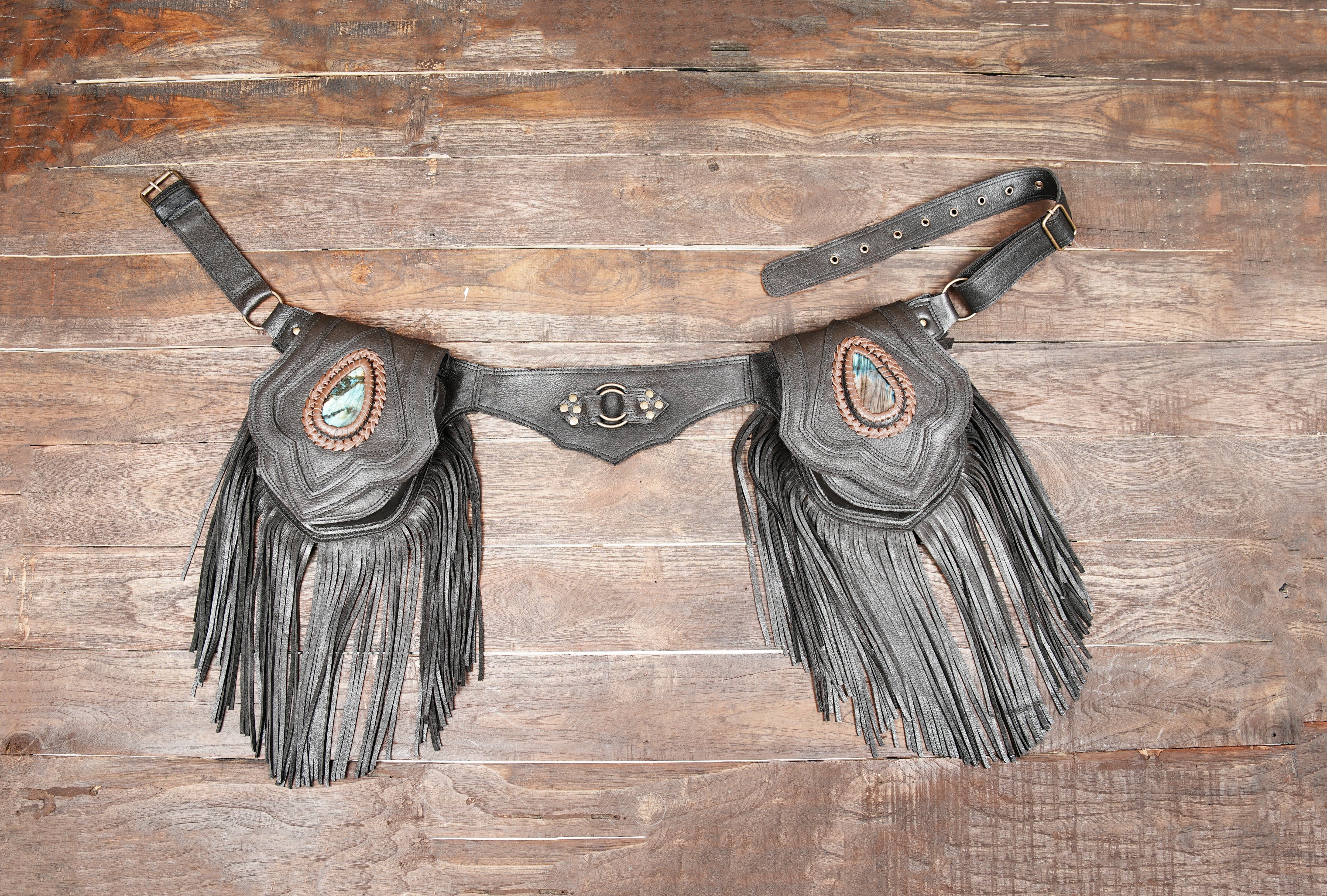 Handmade leather fringe belt bag with gemstone detail