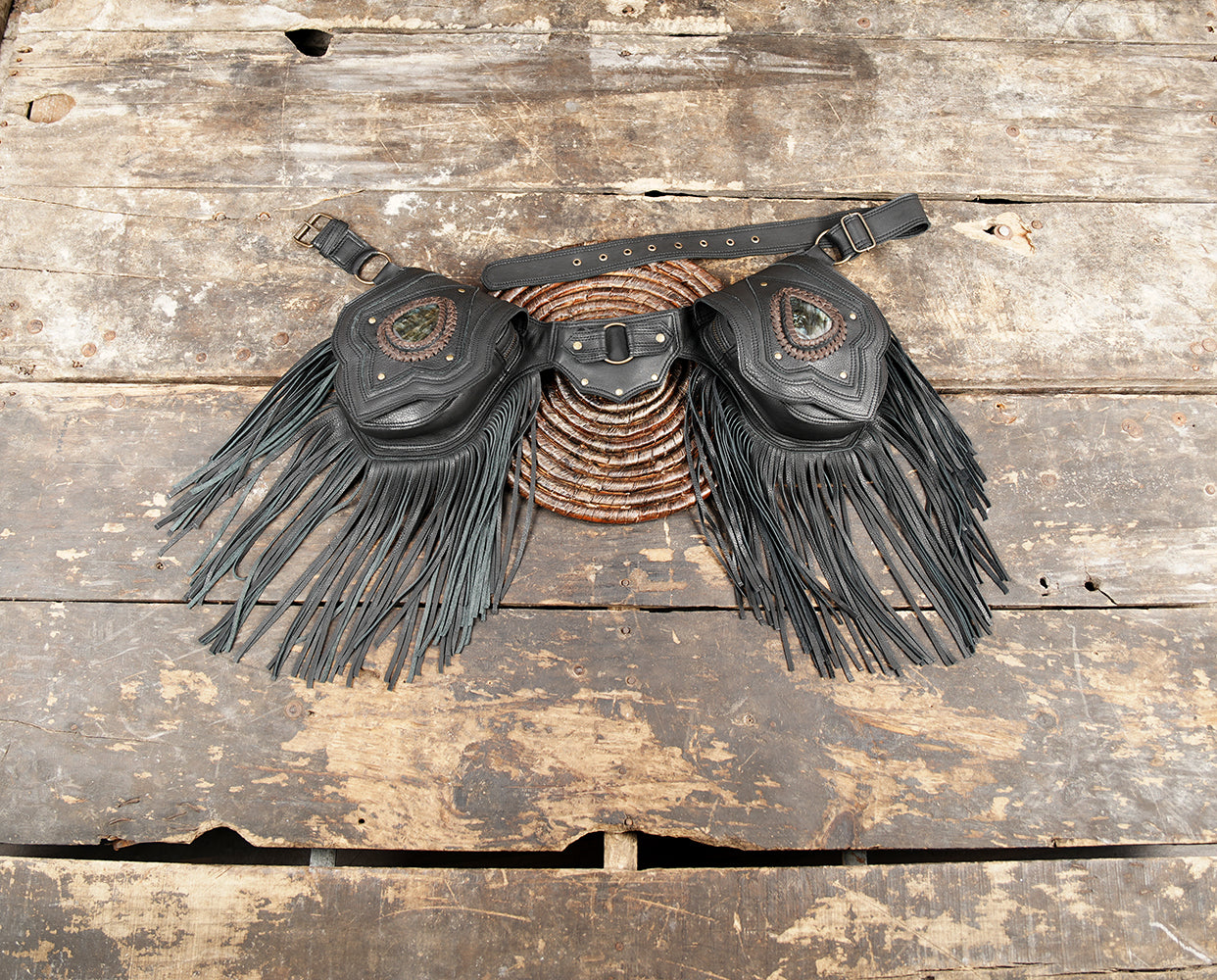 Festival leather waist belt with dual pouches and tassels