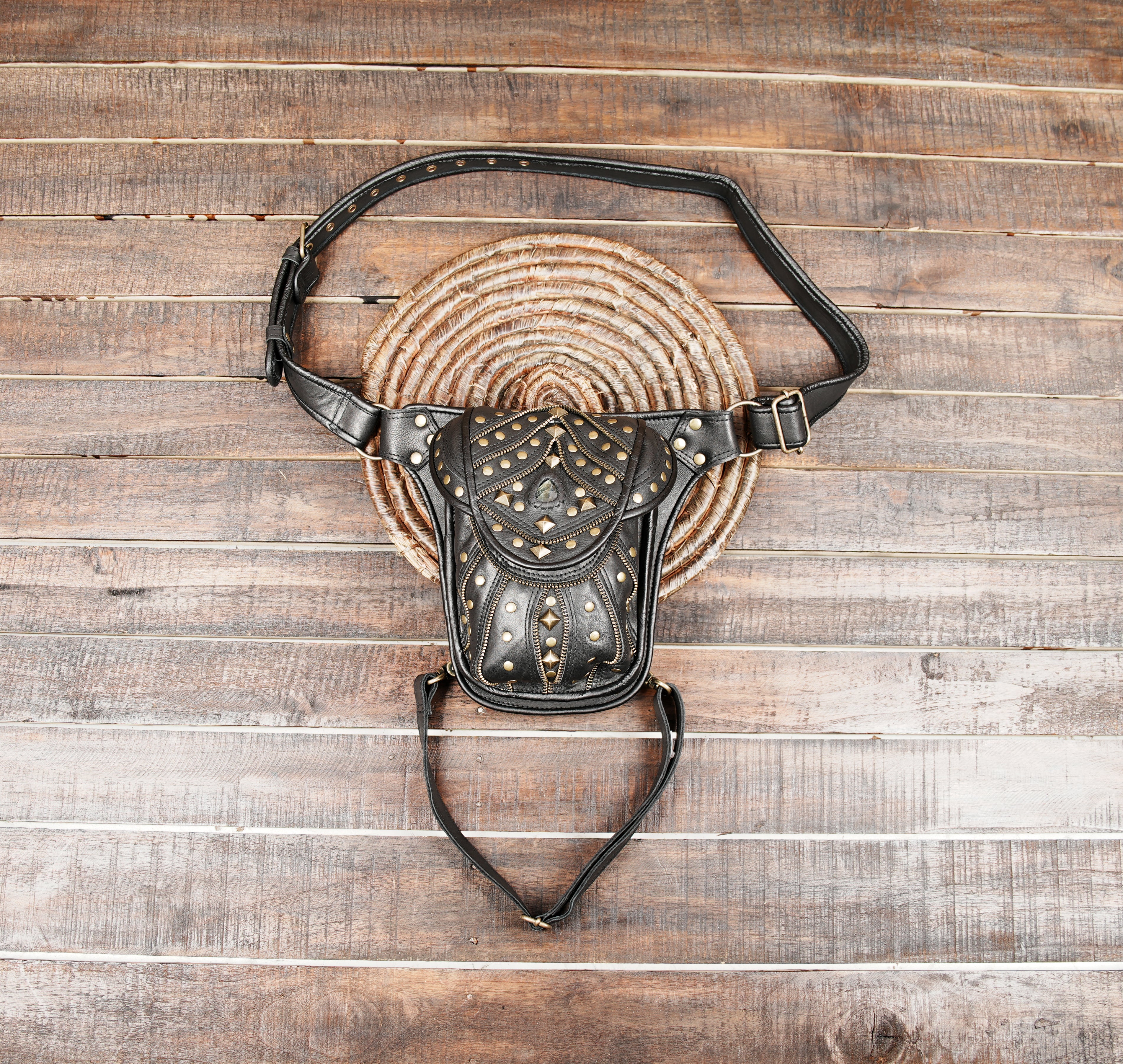 Leather holster bag, gems stone, Genuine Leather Hip Bag, Leather Bum Bag, Leather Belt Bag, Leather Pocket Belt