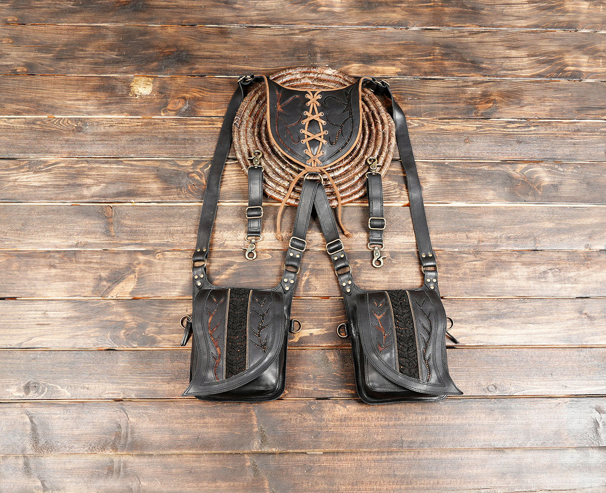 Handmade Black Leather Holster with Dual Pouches – Festival Utility Belt