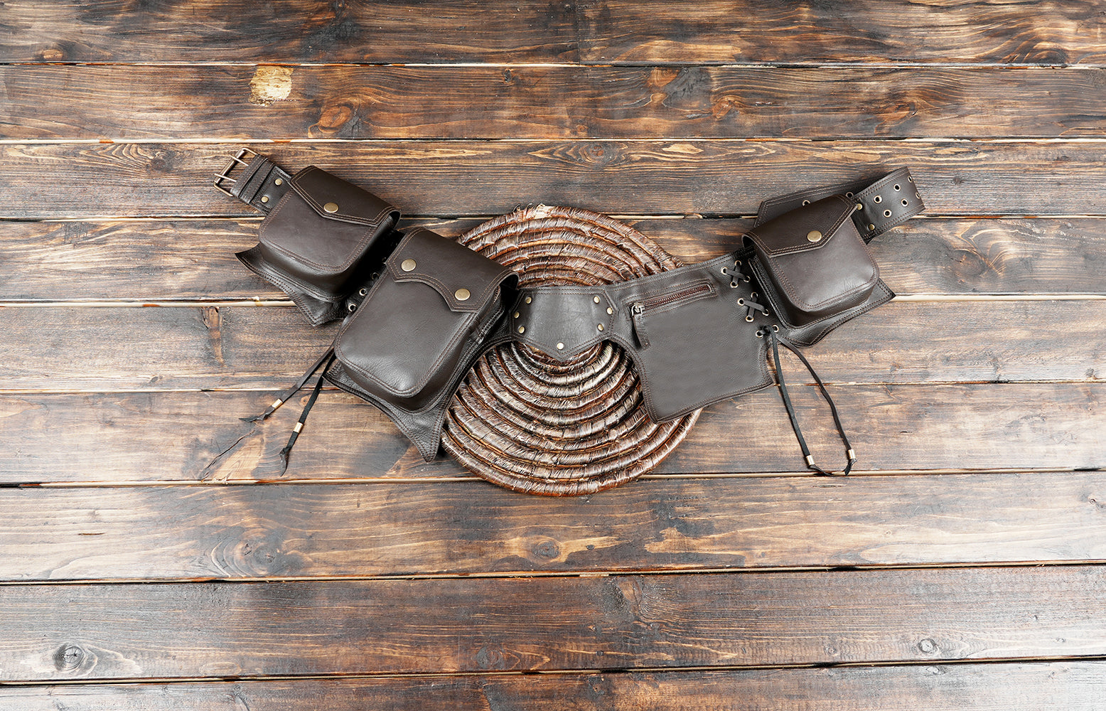 Boho Western utility belt bag handcrafted from genuine black leather