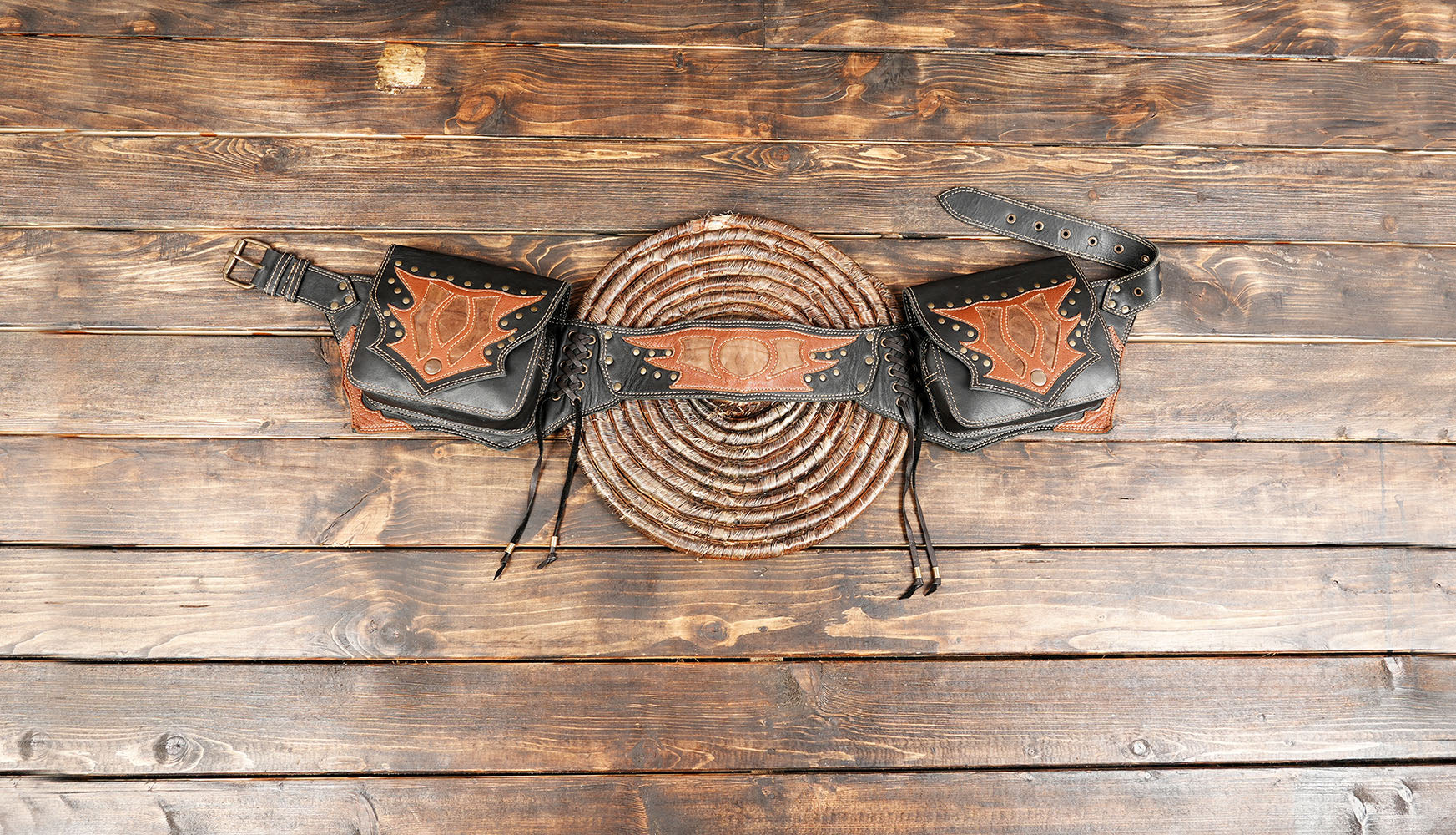 Handmade Black Leather Belt Bag: Gemstone 