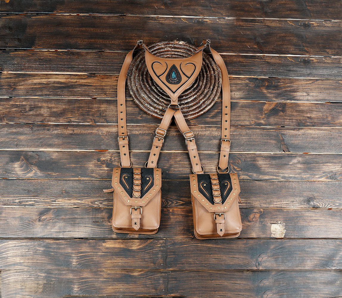 Handmade Leather Holster Belt Lace-Up Design and Dual Pouches Tribal Steampunk Holster Unisex Black Leather Holster