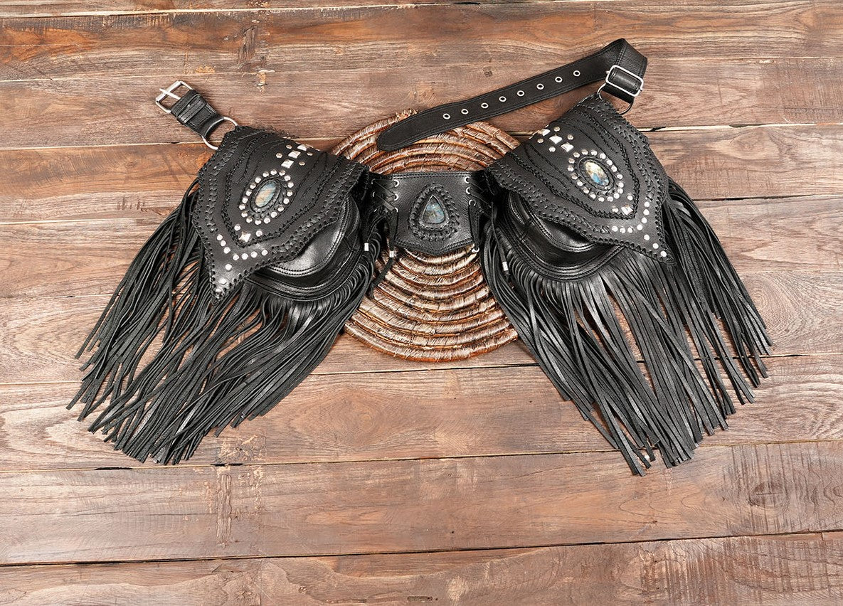 Handmade black leather fringe holster belt with gemstones