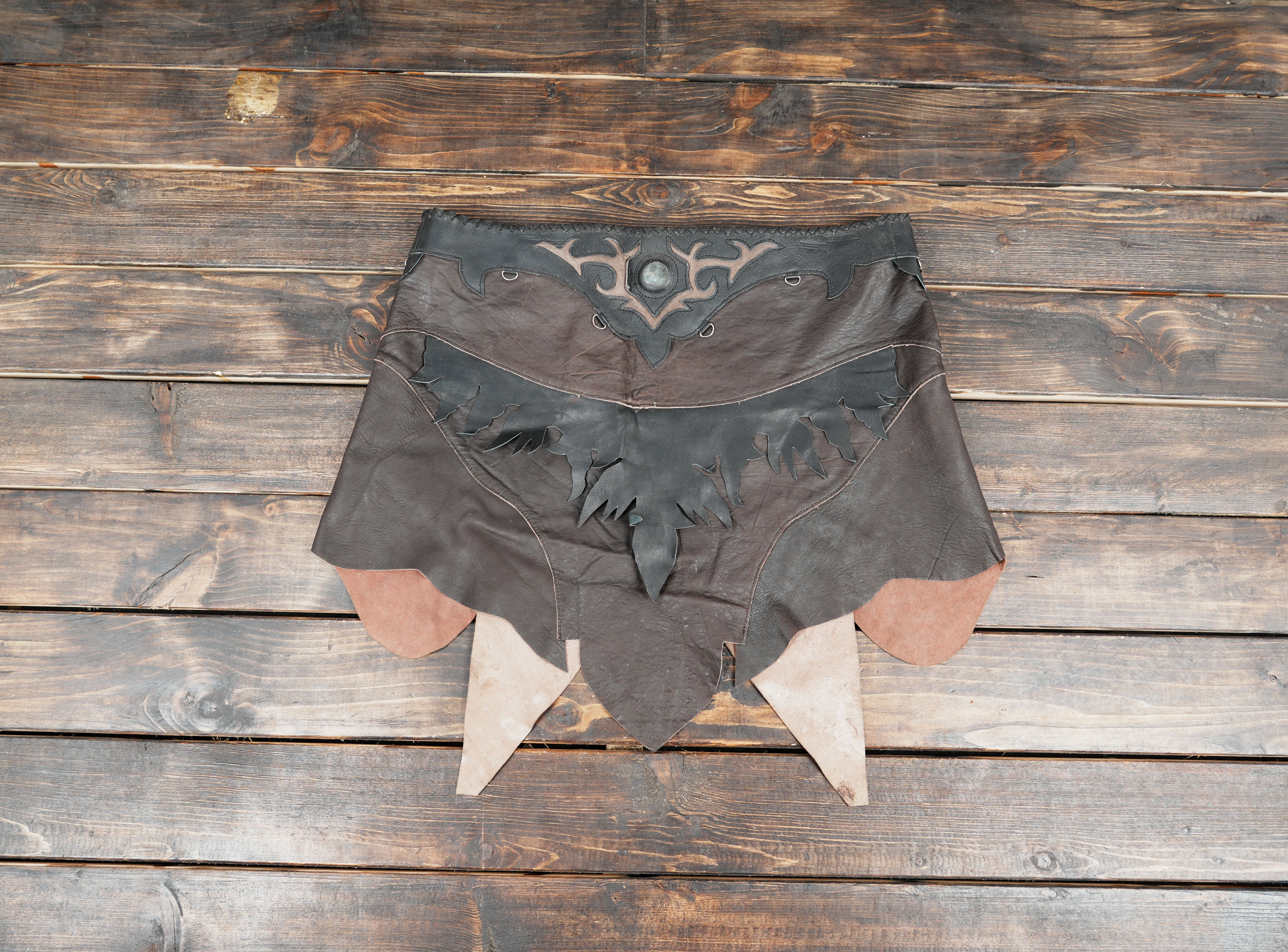 Handmade brown leather waist belt skirt with boho fringe design