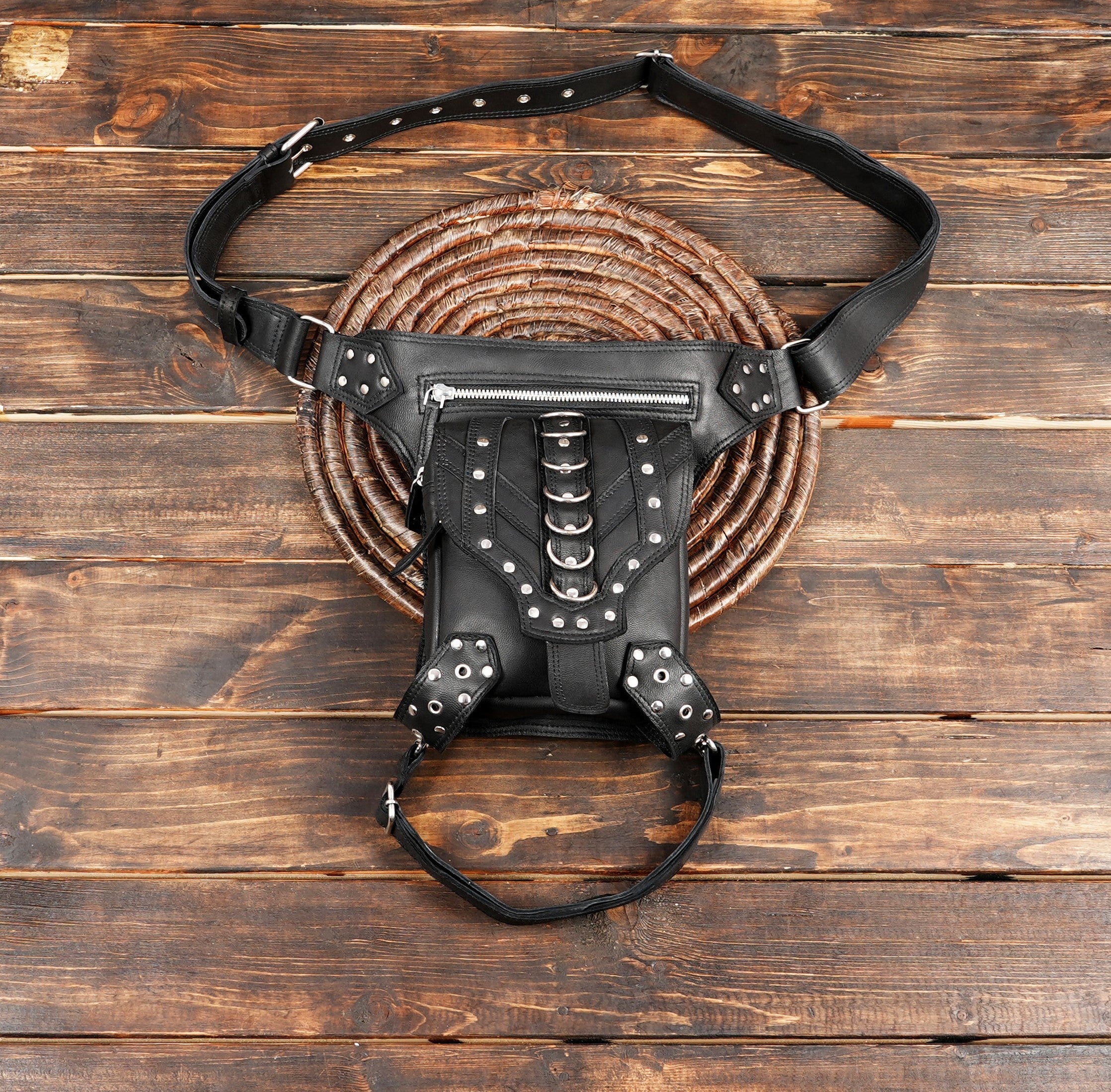 Luxury handmade black leather thigh bag for men and women