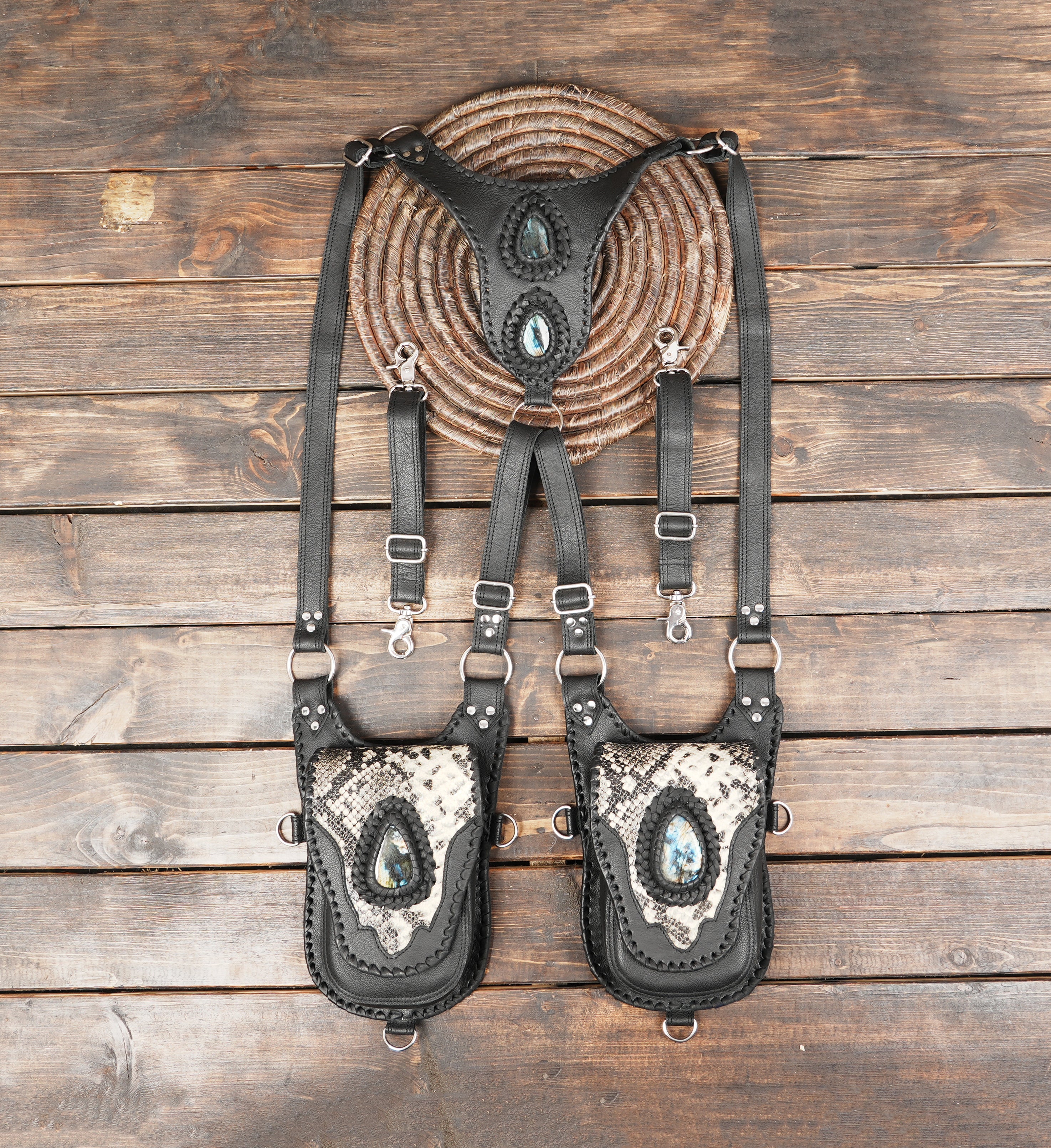 Black handcrafted leather dual pocket shoulder holster with snakeskin pattern