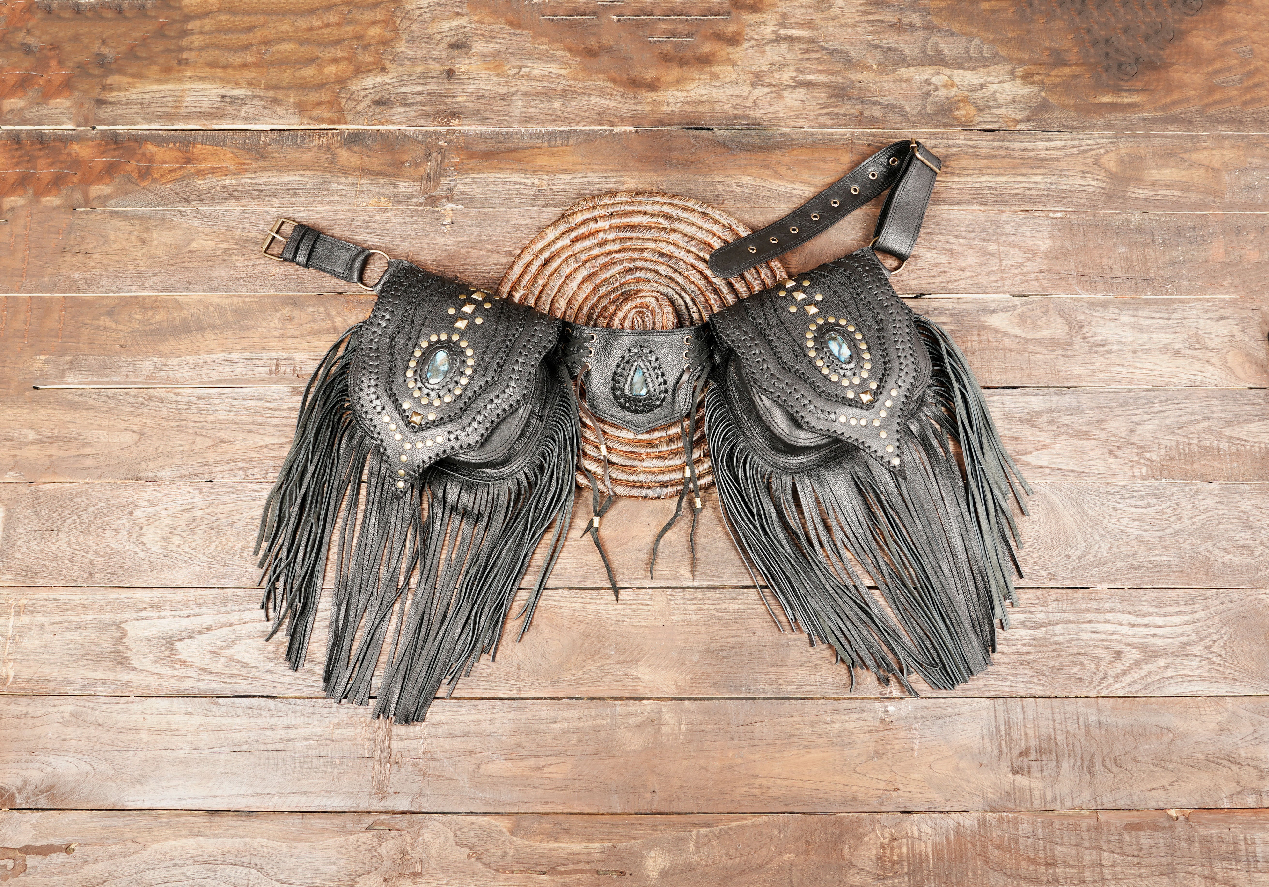 Handmade fringe leather belt bag with gemstone accents