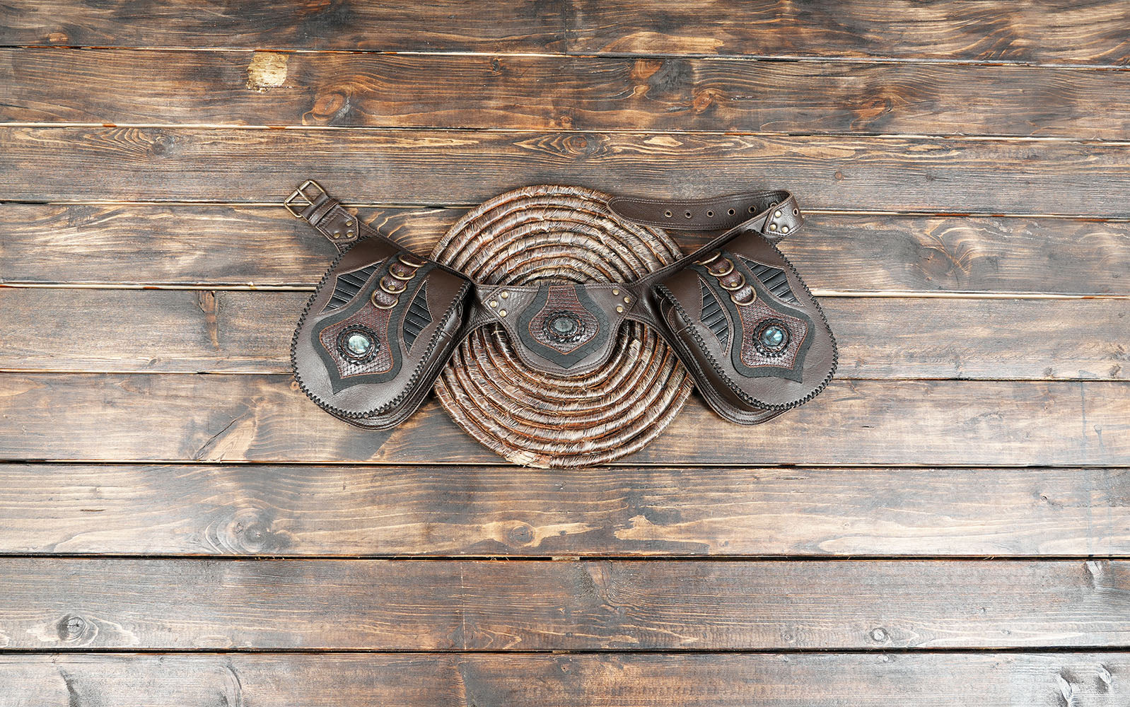 Double Pouch Leather Waist Belt with Gemstones – Handmade Festival & Cosplay Bag