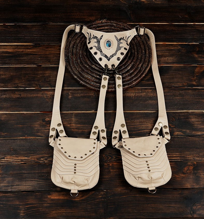 Handmade Black Leather Stylish Holster Belt Bag , Adjustable Leather Holster With Decorative Studs and white color adjustable for men 