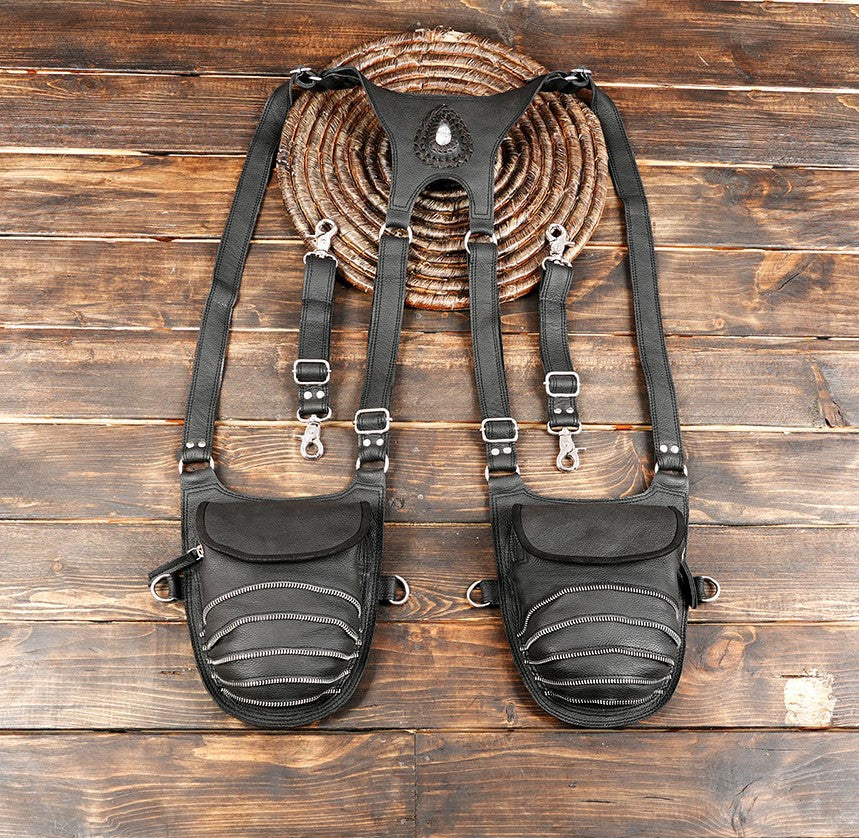 Handmade black leather shoulder holster bag with dual pockets