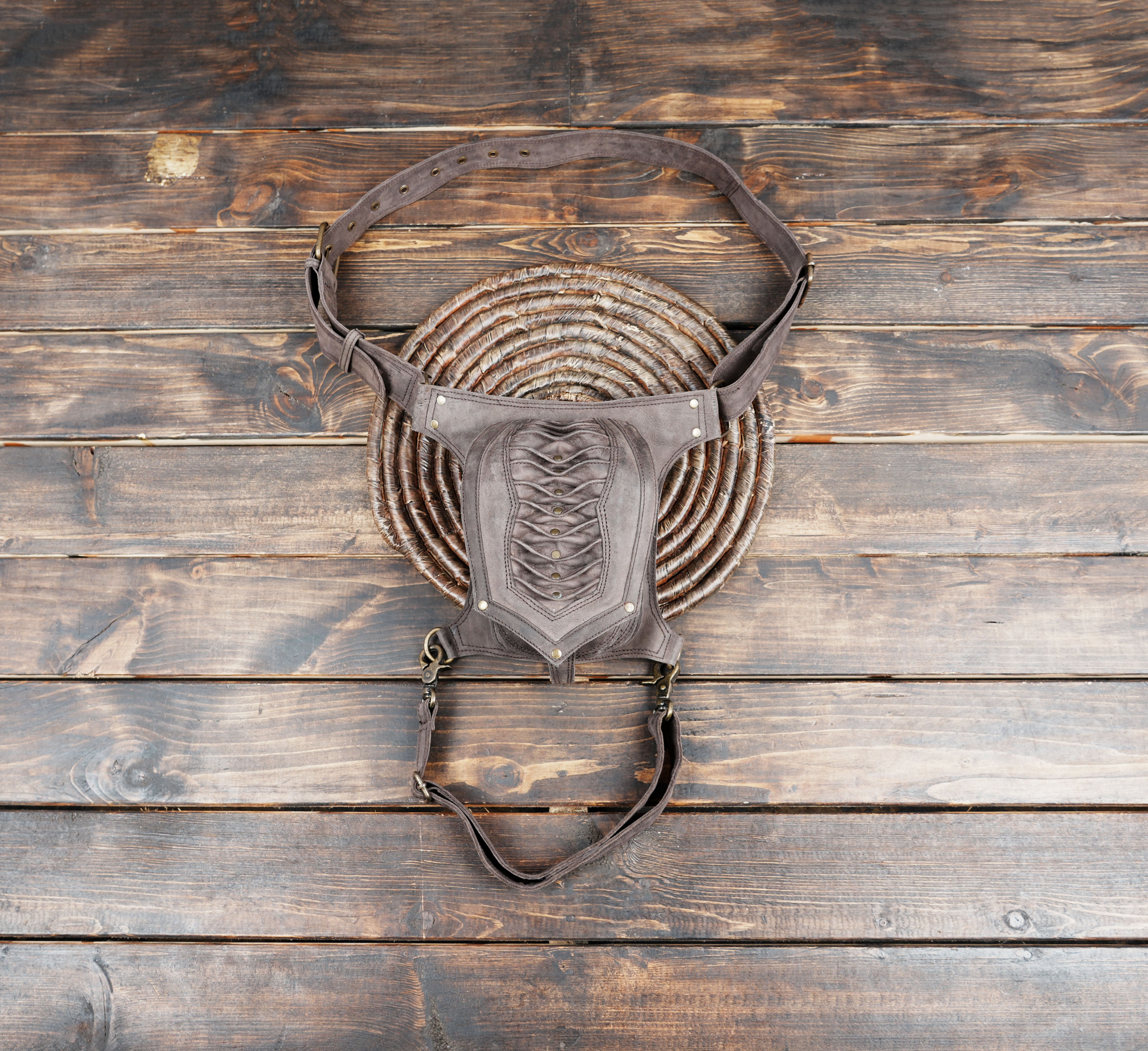 Handmade Brown Leather Waist & Thigh Belt – Festival Utility Holster Bag