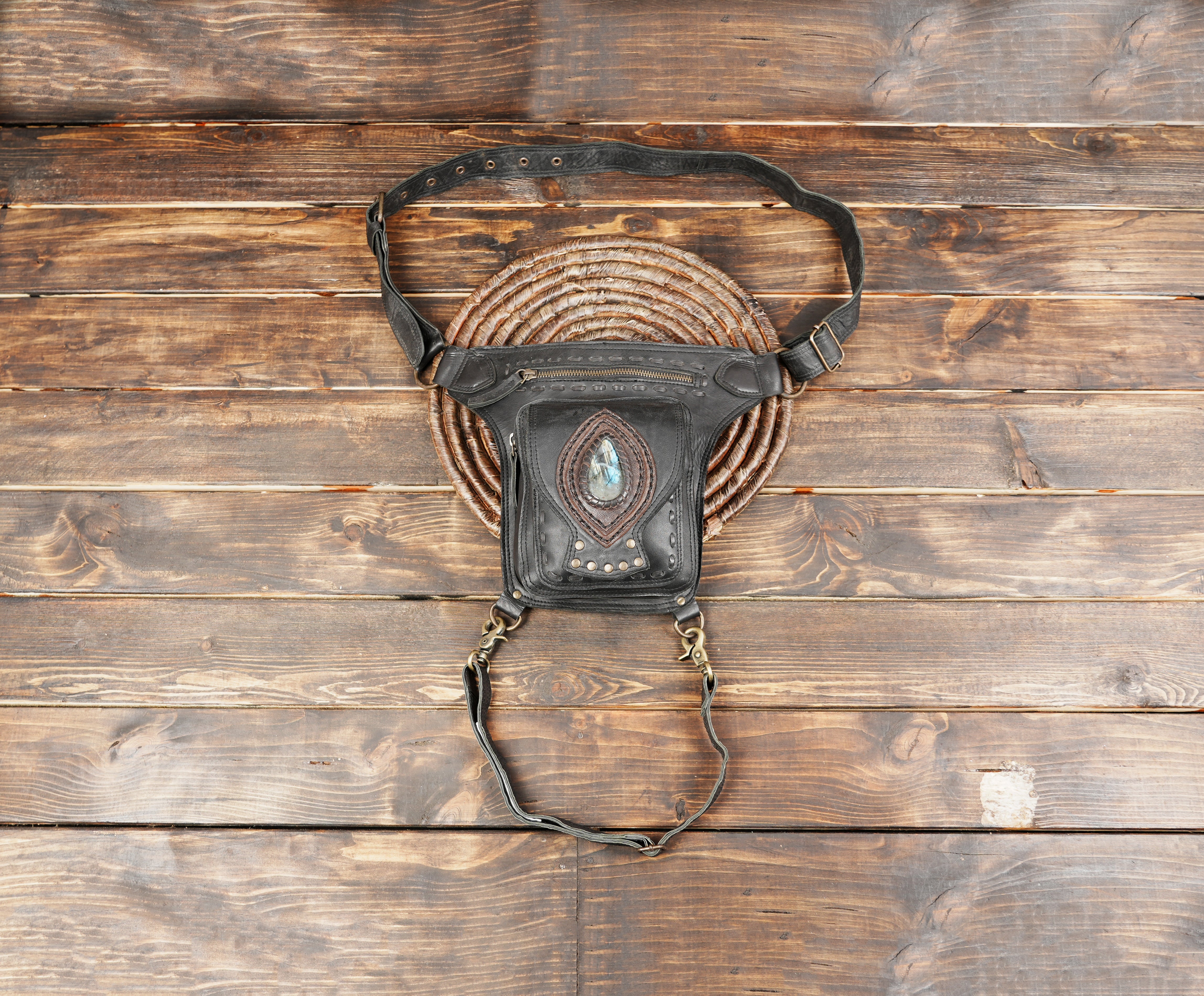 Handmade black leather waist bag with labradorite gemstone centerpiece
