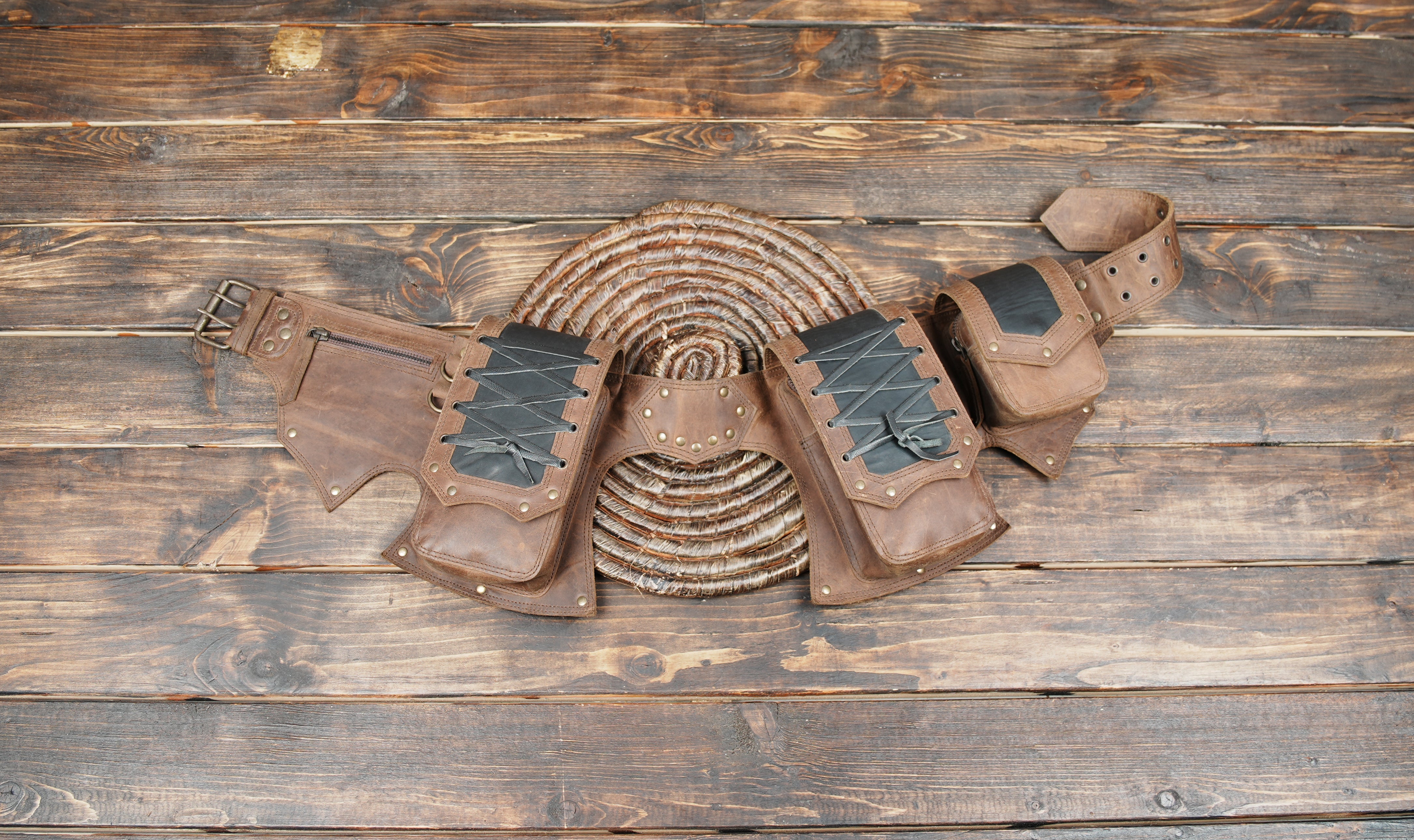 Multi-Pouch Leather Waist Belt – Handmade Festival Utility Holster Bag