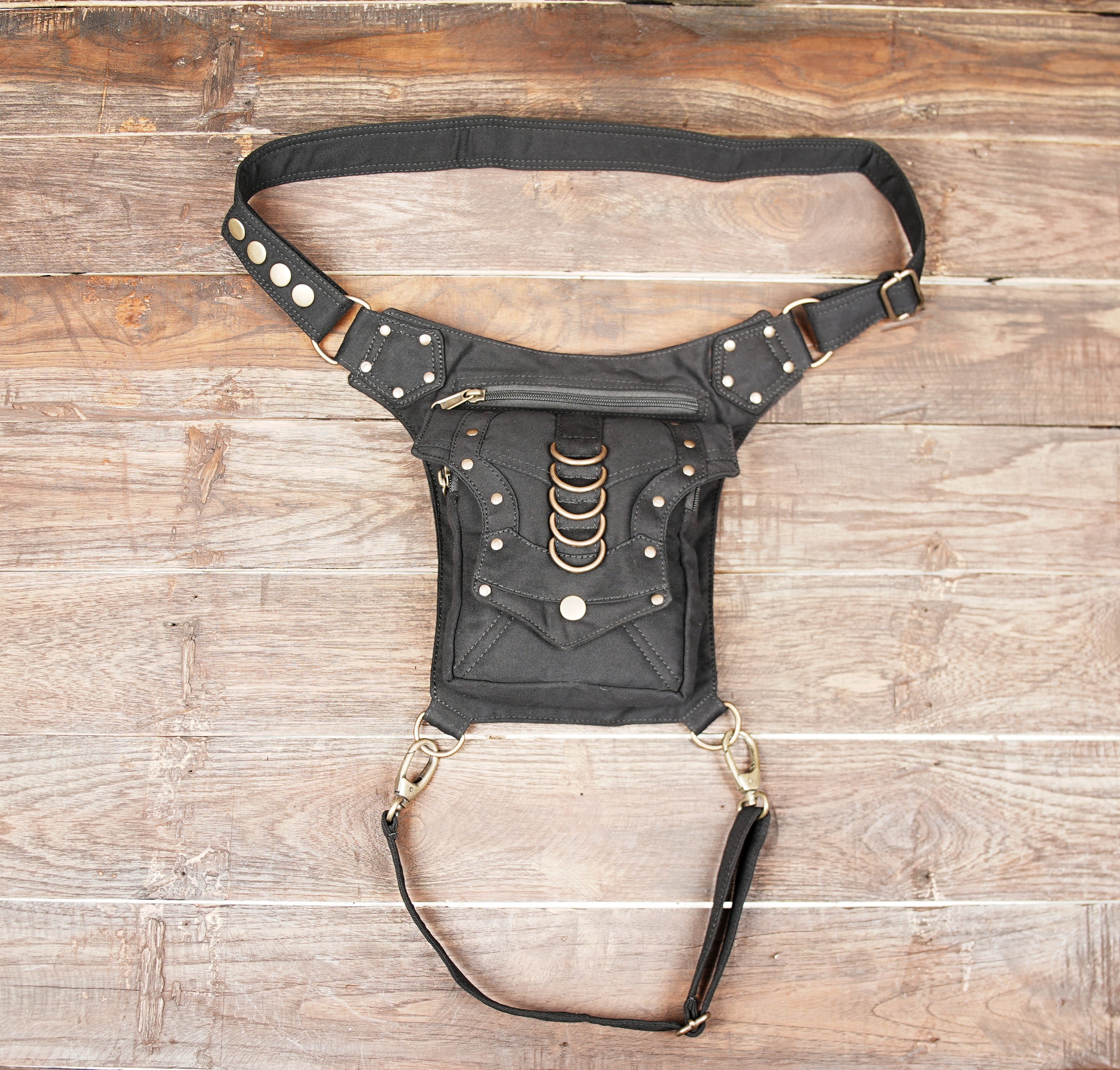 Black cotton waist thigh bag with metal rings
