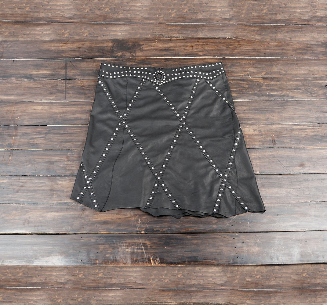 Handmade black leather skirt with studded design for gothic and punk fashion