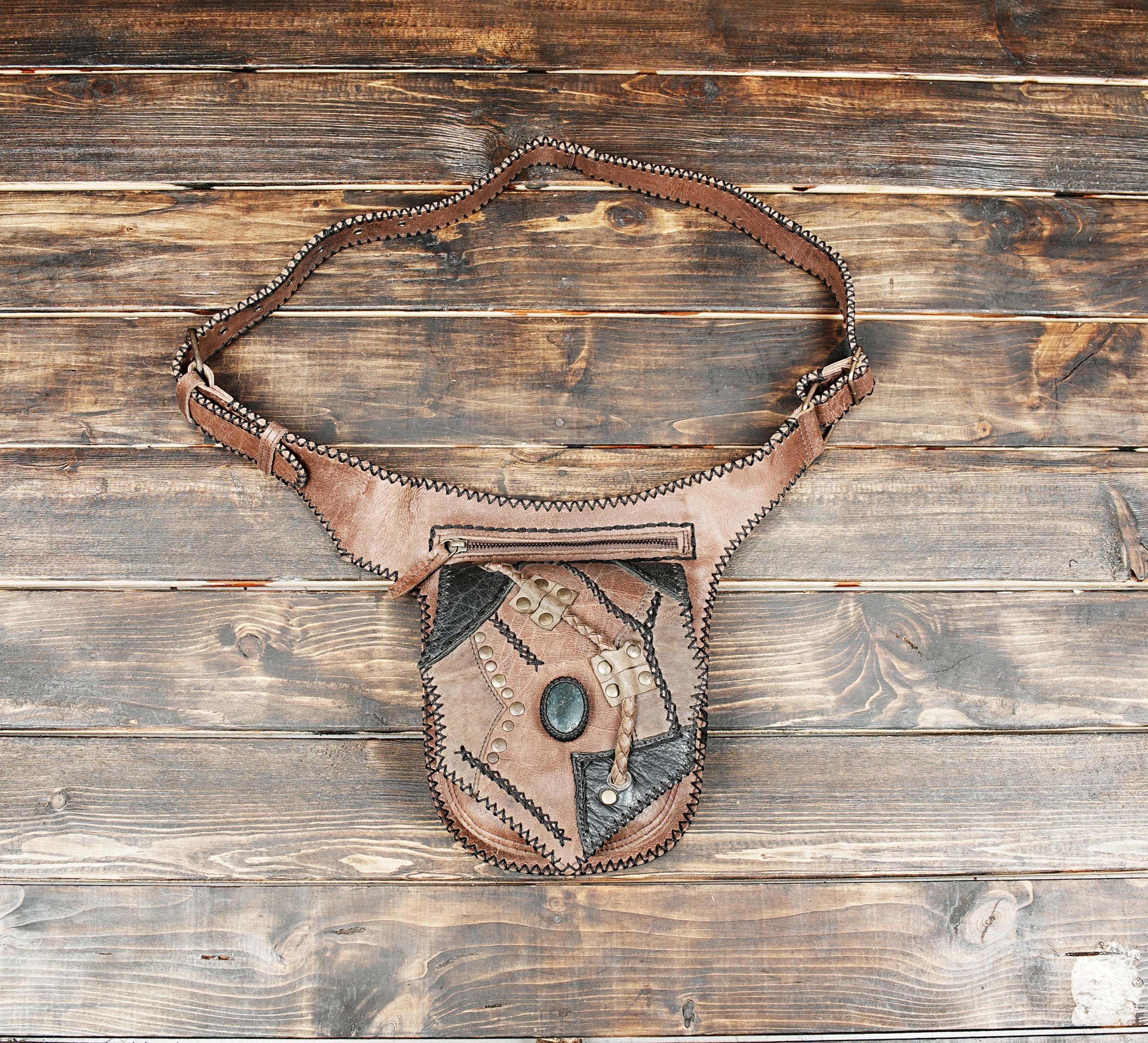  Handmade Leather Belt Bag: Gemstone Accent, Festival Fanny Pack 