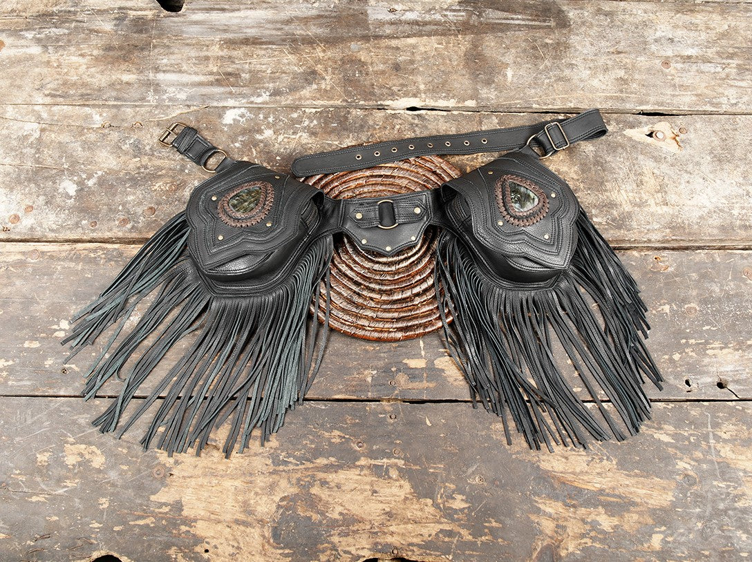 black fringe leather utility belt with labradorite gemstone