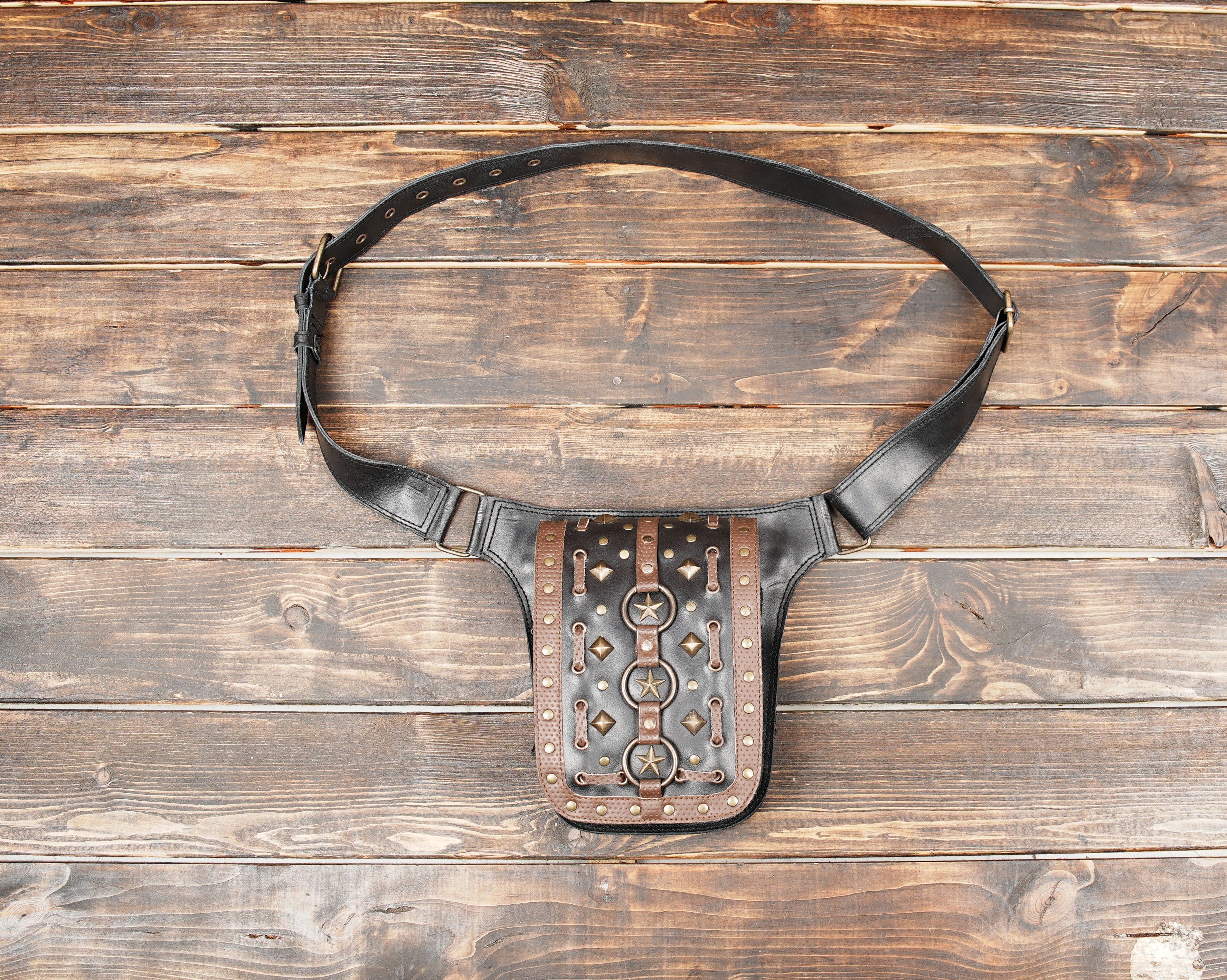 Handmade black leather steampunk utility belt bag with studs