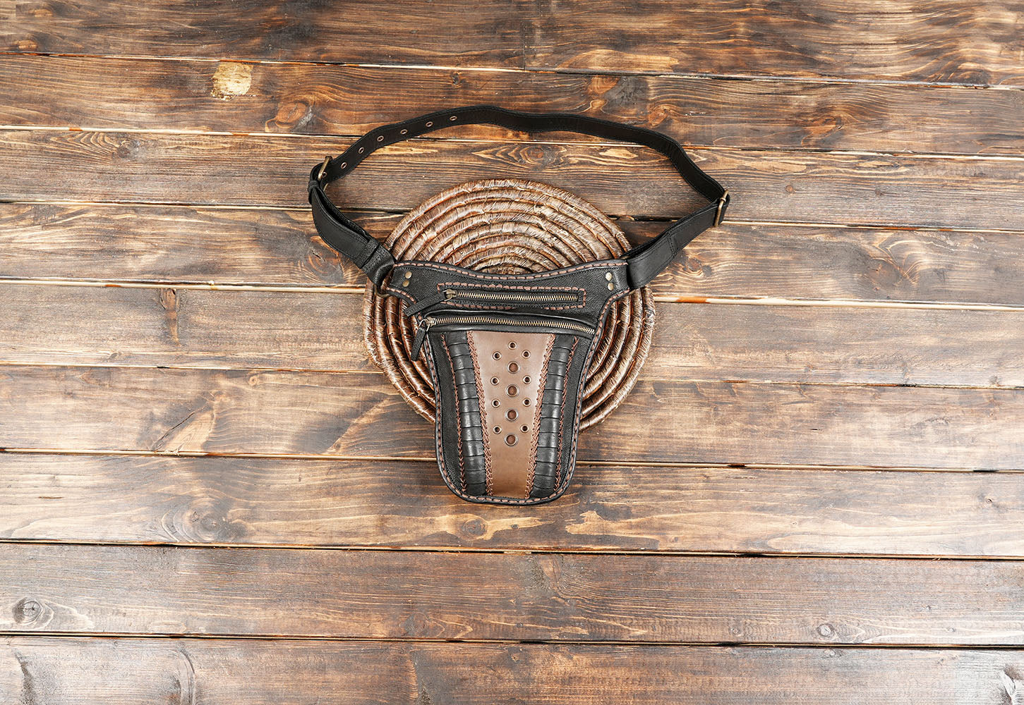 Handmade Leather Waist Belt with Rivets – Festival & Cosplay Pouch