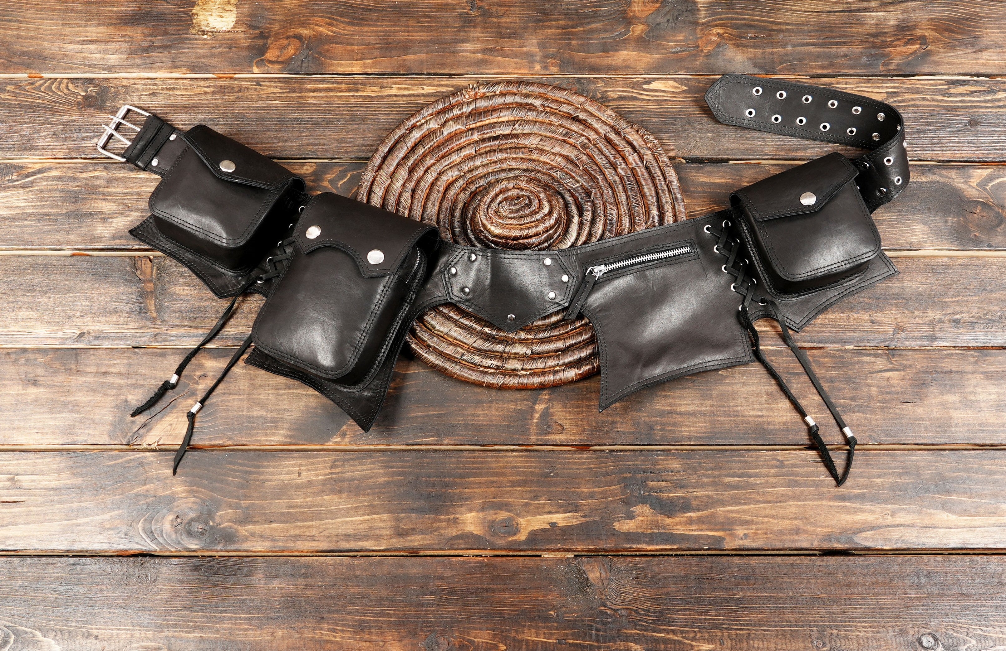 Handmade black leather waist bag for festivals and cosplay
