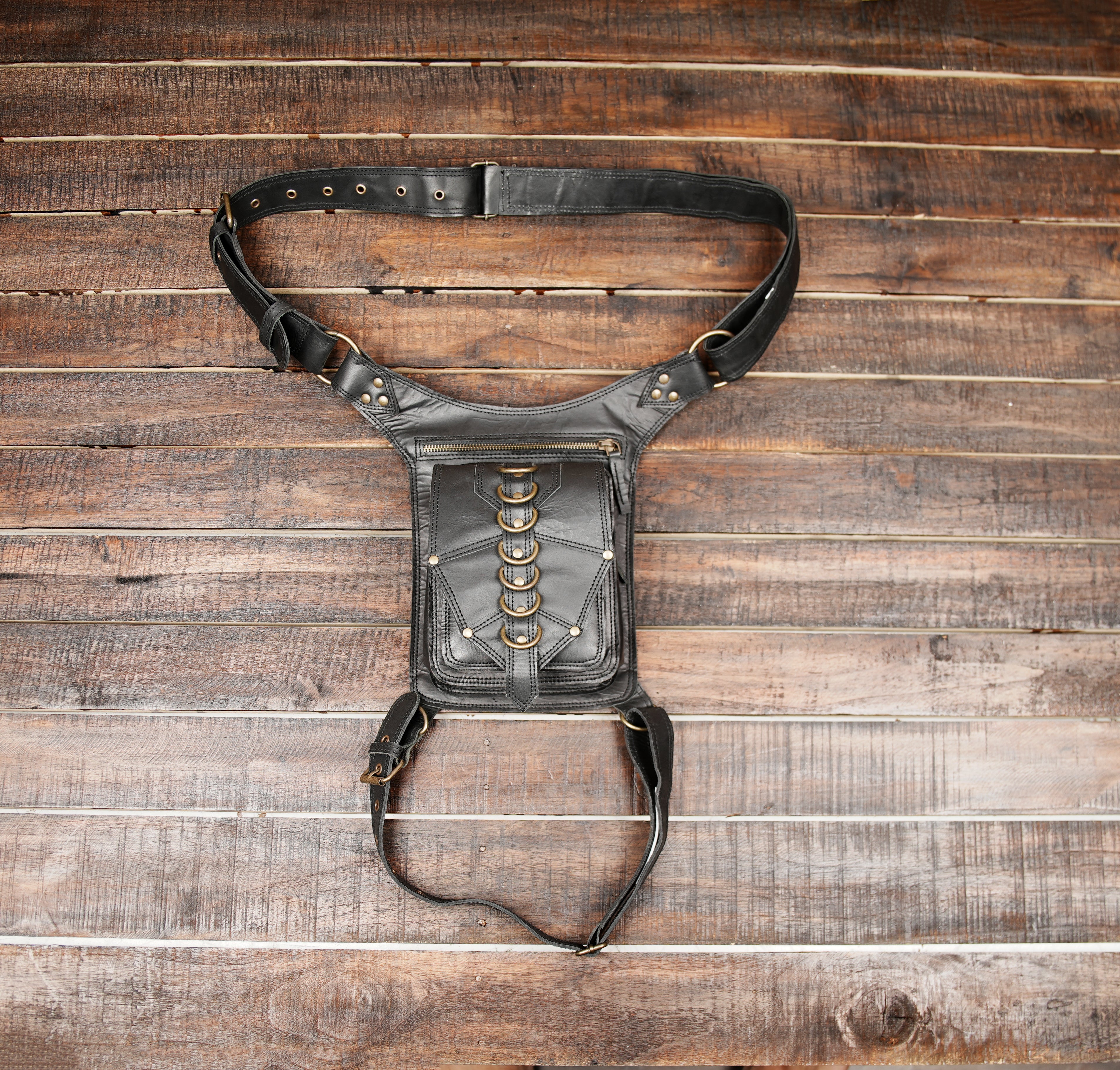 Handmade Black Leather Waist & Thigh Belt with Rings – Festival Utility Bag