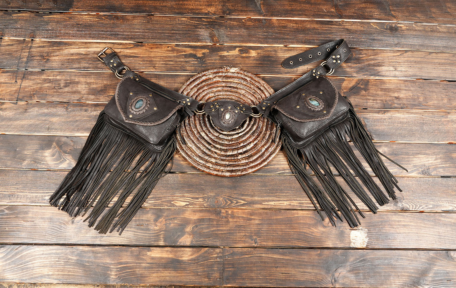 Artisan leather utility belt with natural stone detail