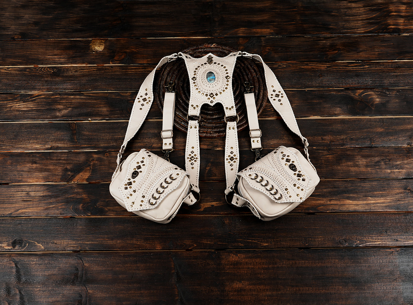 White leather dual holster bag with gemstone detail