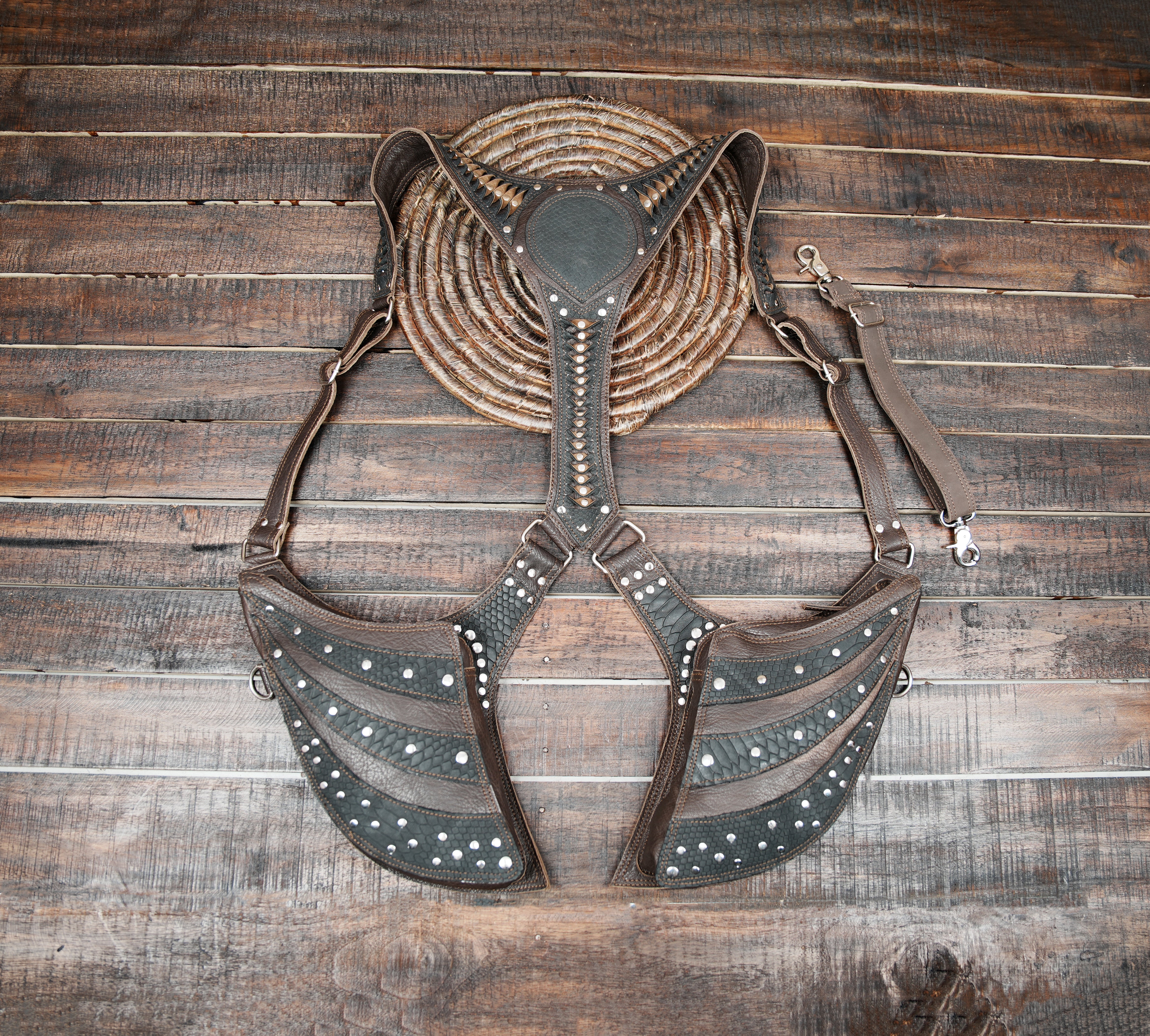 Handmade Leather Holster with Studs & Scaled Pattern – Festival Utility Belt