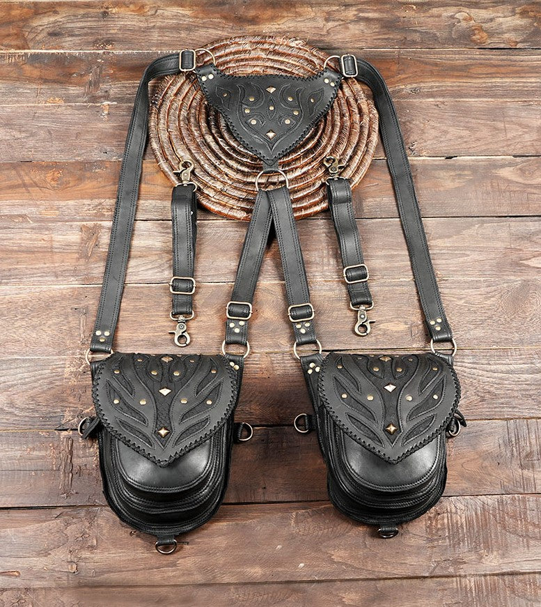 Handmade black leather shoulder holster bag with dual pockets