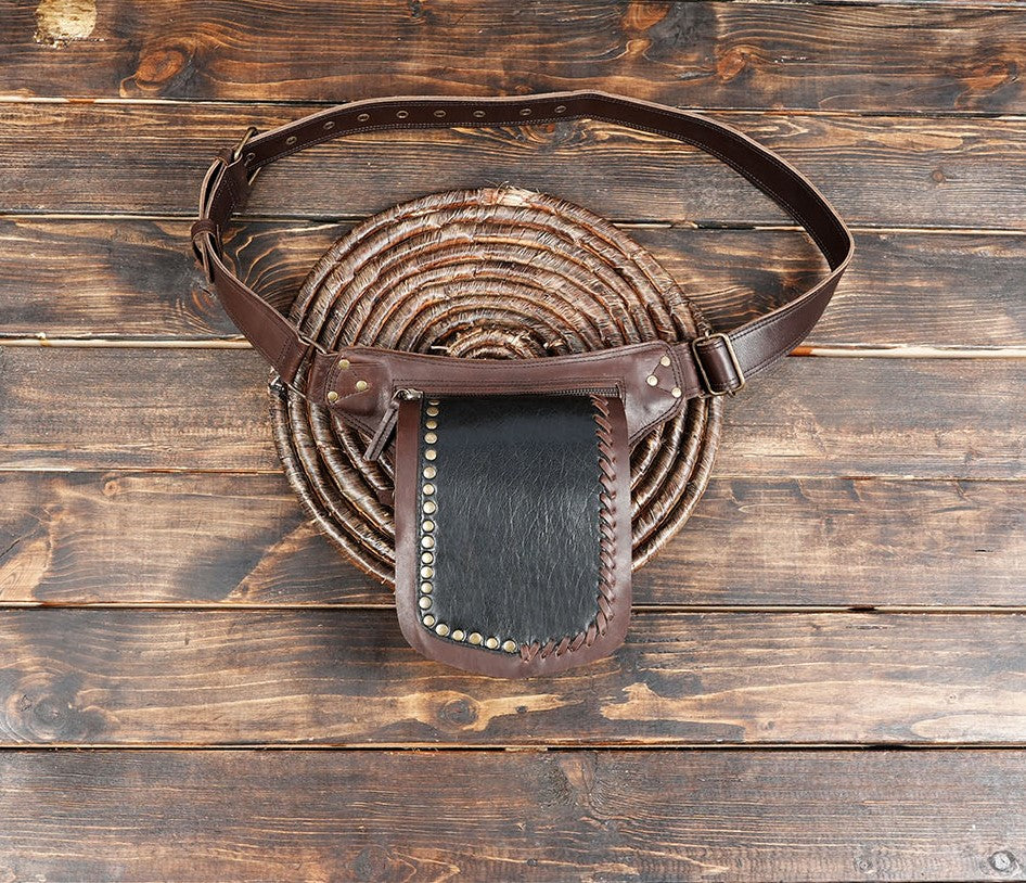 Rustic leather festival belt bag with cross-stitch design