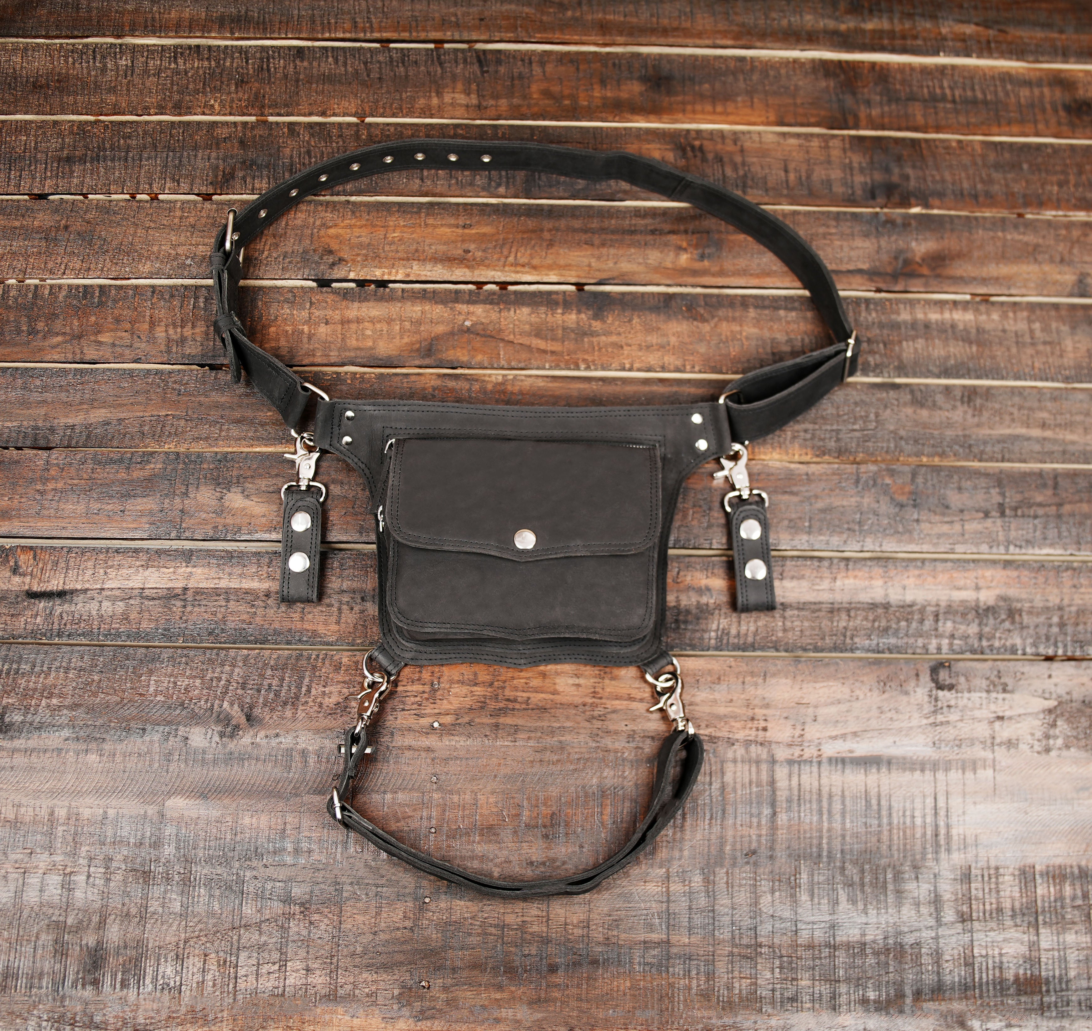 Black Leather Waist & Thigh Belt – Handmade Utility Festival Bag