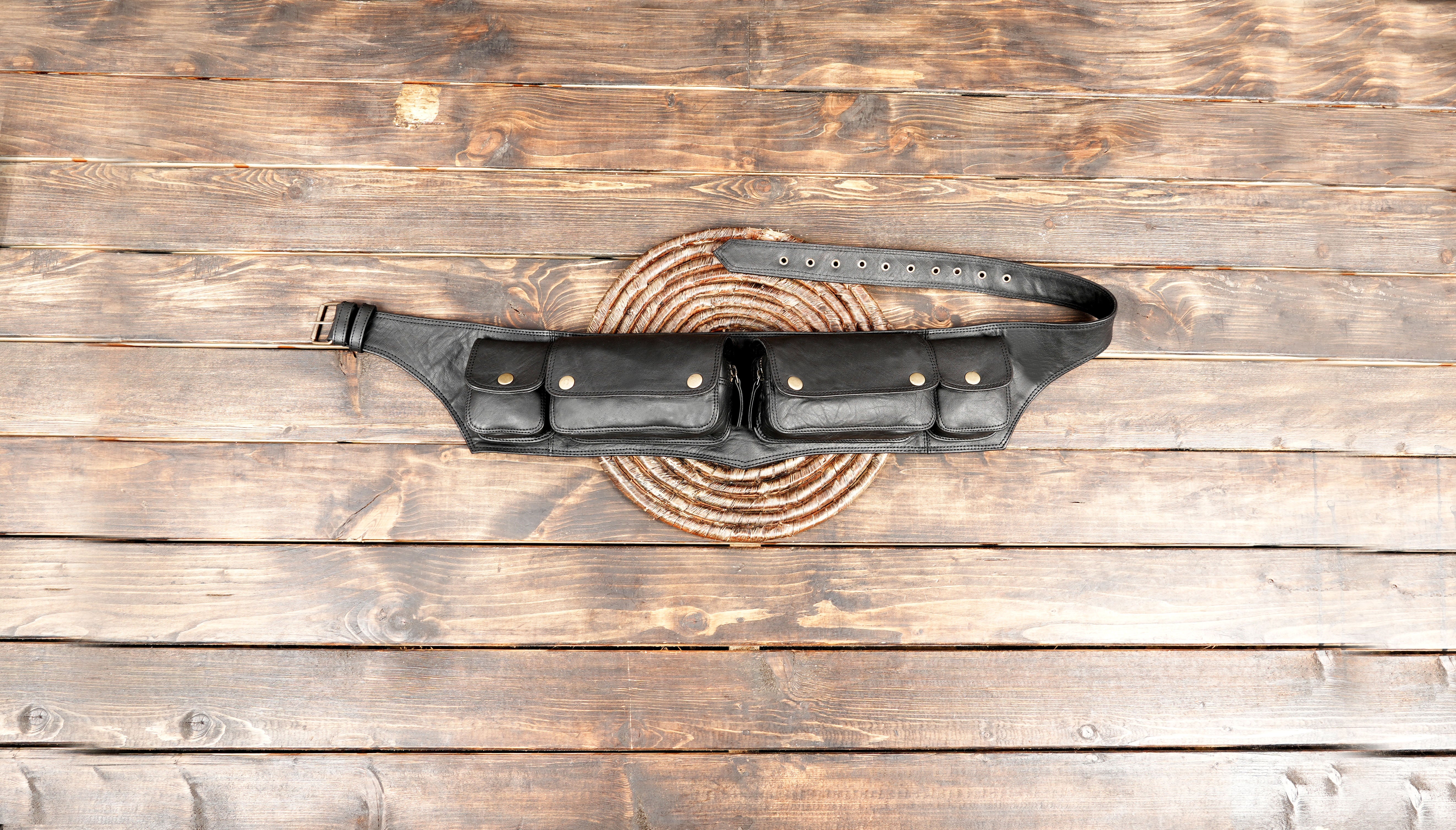 Handmade Leather Waist Belt with 5 Pouches – Festival & Utility Bag